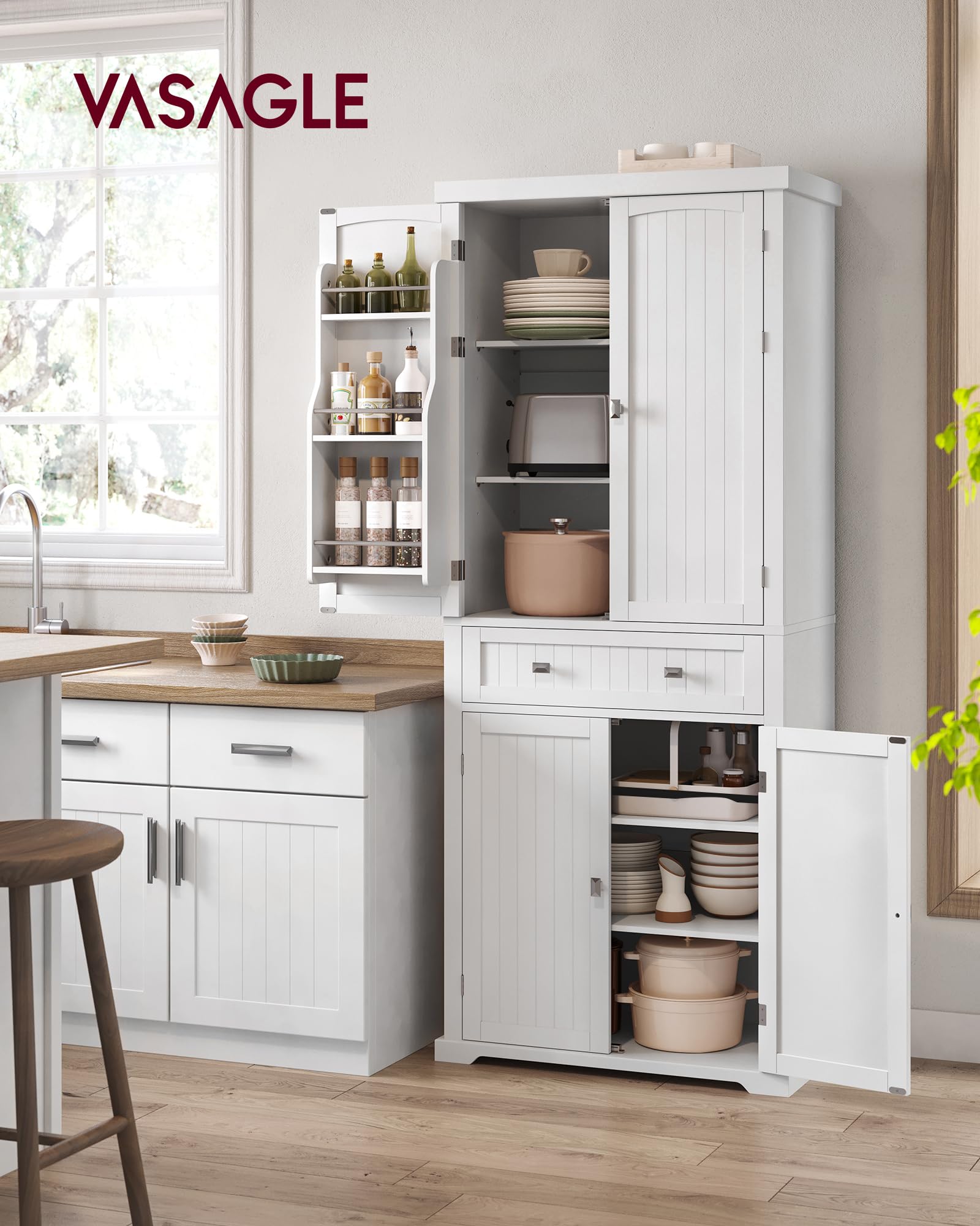 VASAGLE Küchenschrank, Hochschrank Küchenbuffet Vitrinenschrank, Buffetschrank mit Verstellbaren Ablagen, Esszimmerschrank mit Schubladen, für Wohnzimmer Küche, 40 x 76 x 182,1 cm, Weiß BBC561W21