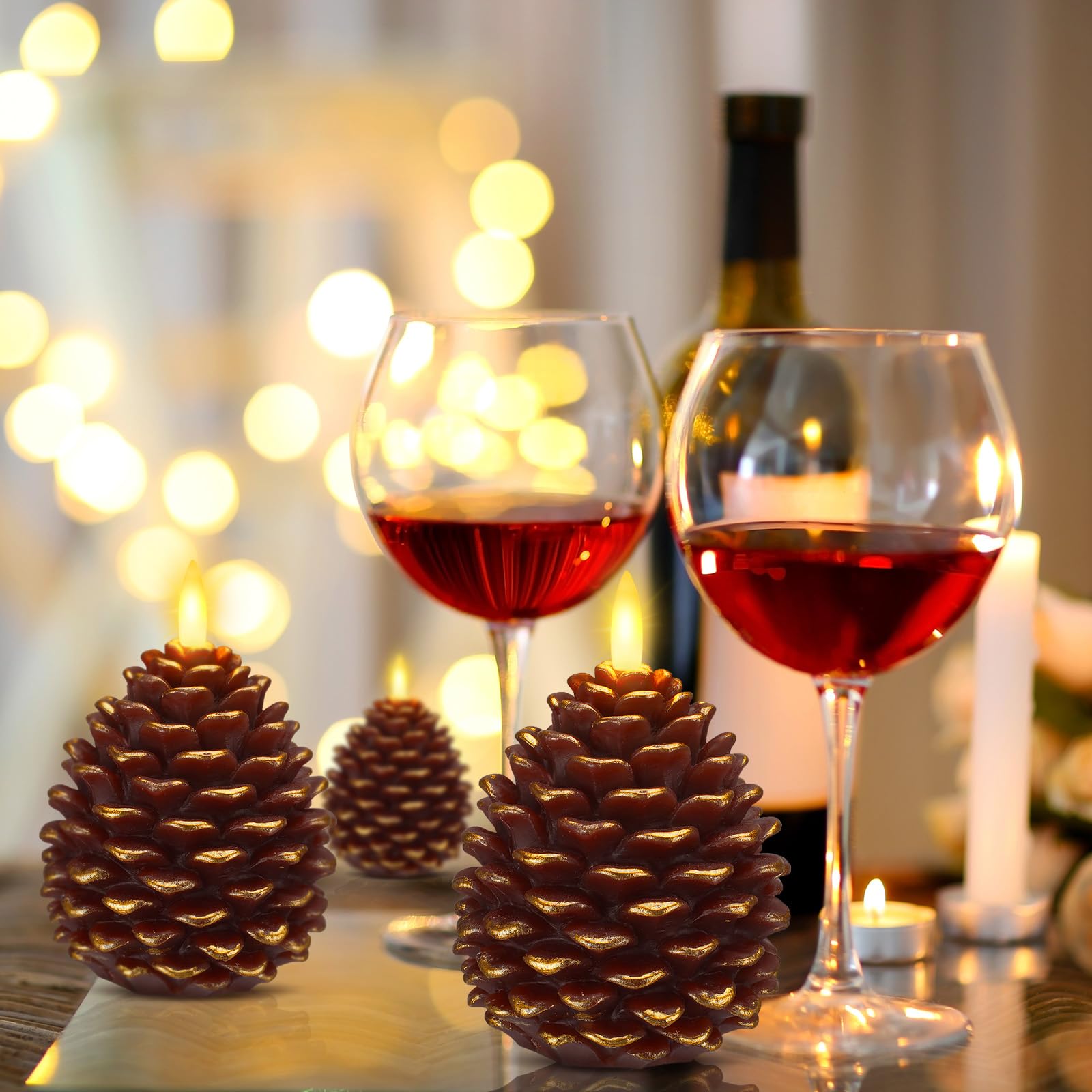 Honoson 6 candele LED senza fiamma a forma di pigna, con timer, funzionamento a batteria, stoppino tremolante, candele natalizie a forma di pigna, per decorazione di interni e festività, marroni