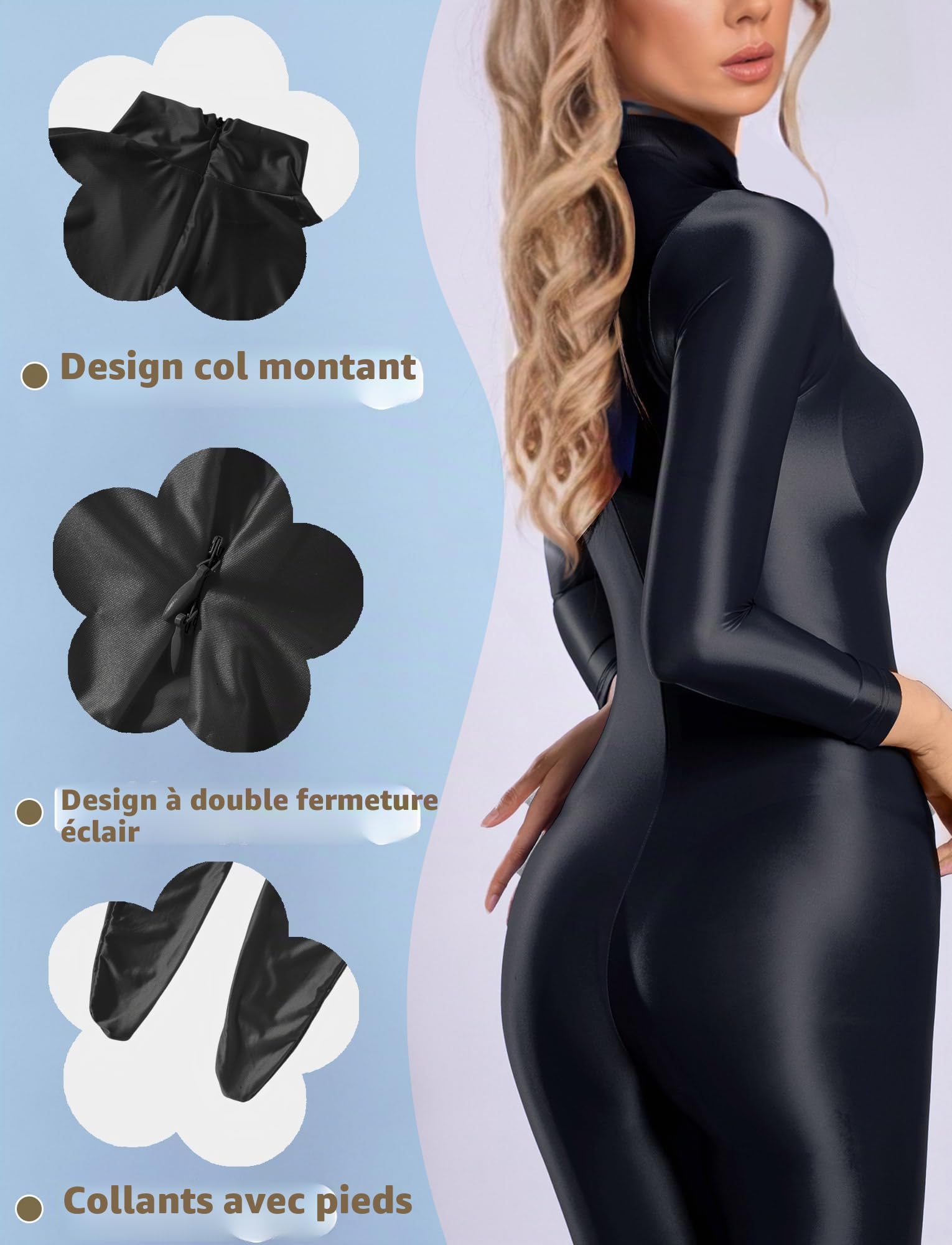 Maeau Combinaison de yoga pour femme - À l'huile brillante - Fermeture éclair - Col roulé - Combinaison complète - M XL