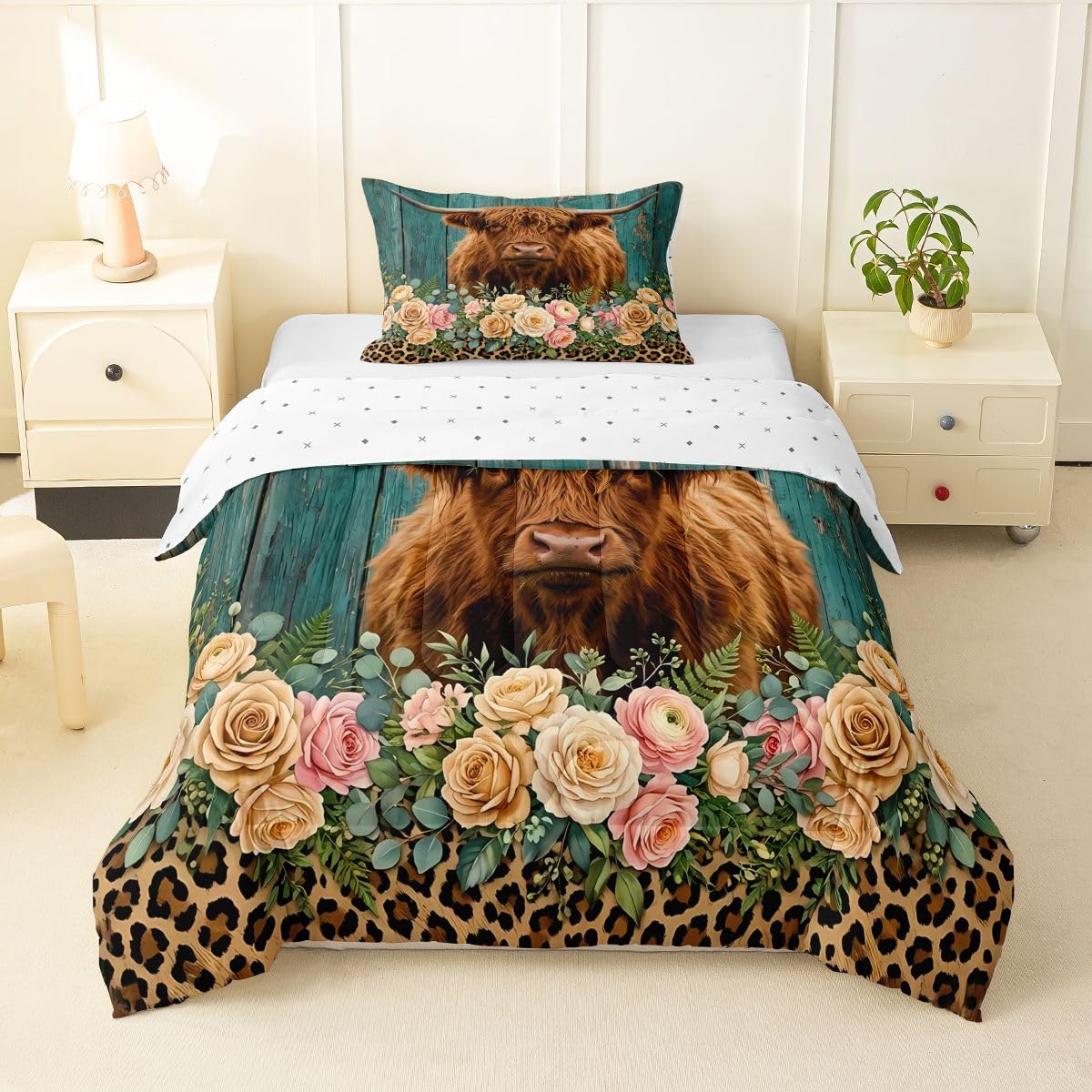 Feelyou Highland Cow Bedding Set Leopard Floral Comforter Set for Kids Boys Girls Brown Safari Cheetah Animal Skin Comforter Teal Blue Wooden Decor Quilt Set Room Decor 2Pcs Twin Size