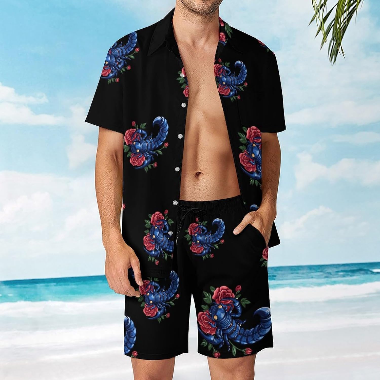 Tribal Scorpion Scorpio Zodiac Tattoo Mens Hawaiian Set 2 Piece Outfits Short Sleeve Shirts And Shorts Set