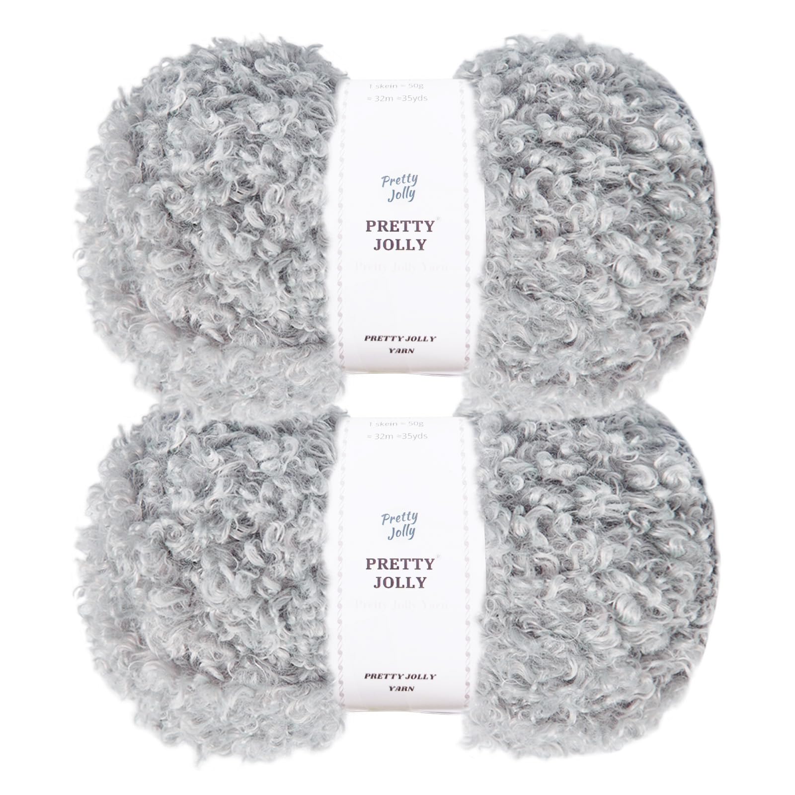 Pretty Jolly Teddy Fur Yarn - Super Soft, Chunky, Fluffy Faux Fur - 2 Skeins, 100g Each, Light Grey