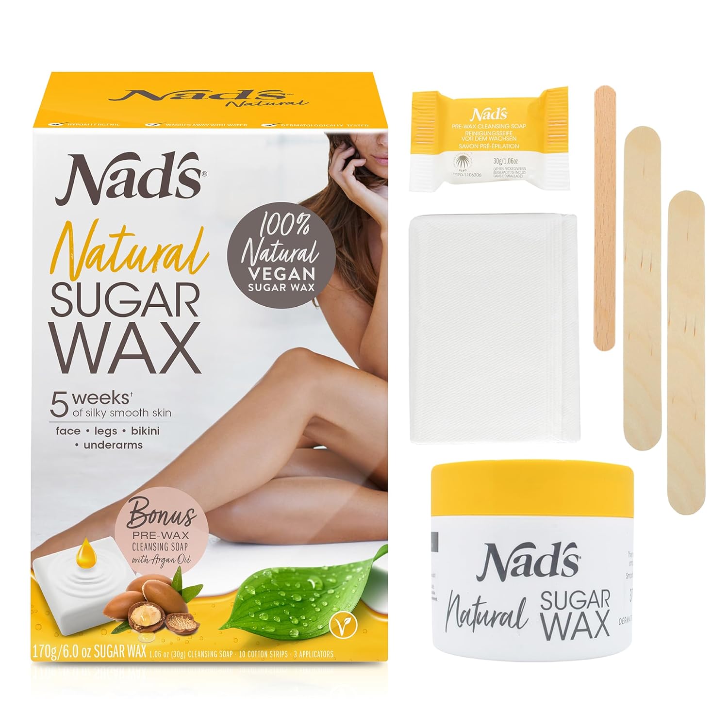 Nad's Wax Hair Removal For Women - Body+Face Wax - All Skin Types - At Home Waxing Kit With 6 Oz Sugar Wax, Cleansing Soap, Wooden Spatula, Re-Usable Cotton Strips 1 Count (Pack of 1)