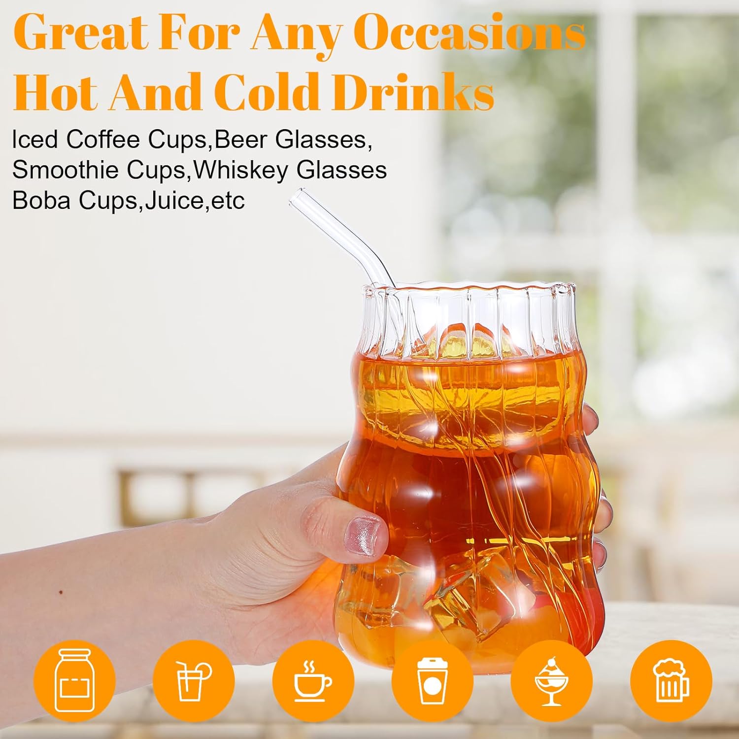 MAQUITA 4 Pcs Ribbed Glass Cups with Glass Straw, Vintage Drinking Glassware with Wave Shape Design, Bubble Cups for Iced Coffee, Juice, Beverage, Milk, Cocktails, Bubble Tea, and More - Image 3