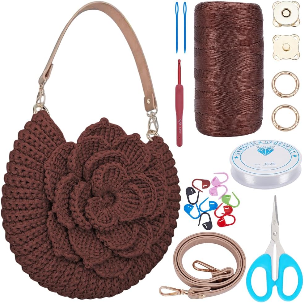 FREEBLOSS Flower Crochet Bag Kit for Beginners Complete Starter Set with Step-By-Step Video Tutorials Crochet Tote Bag Set Knitting Kit Adult Crafts Projects, Brown