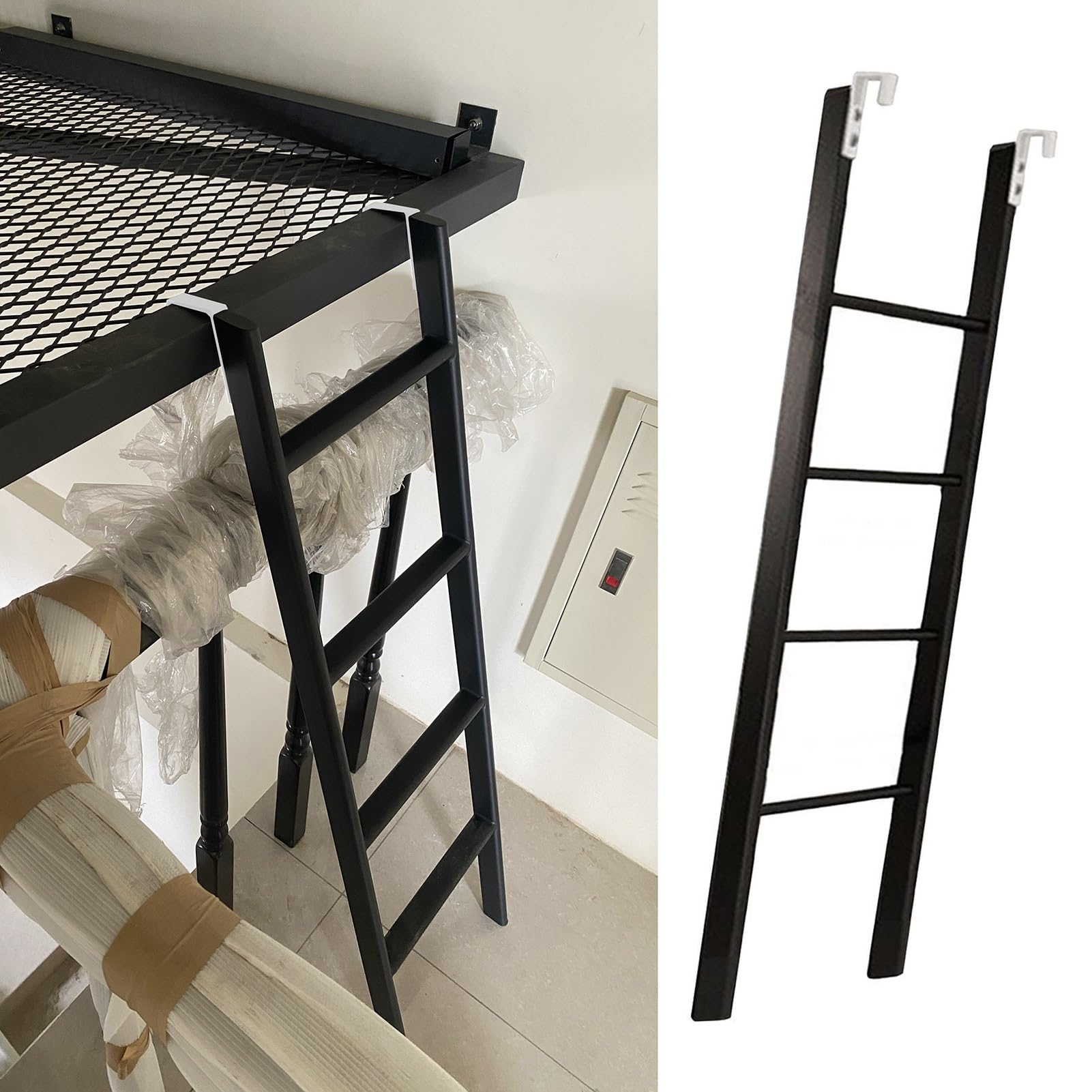 Scala a pioli per Letto a Castello sostituibile da Pavimento, 116/130/140/150/160 cm, Solo Scala per Letto Singolo Corto, scaletta in Metallo Nero per soppalco, dormitorio (116 cm