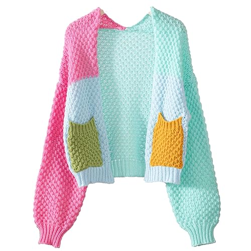 JASCLS Women's Long Sleeve Color Block Chunky Cable Knitted Oversized