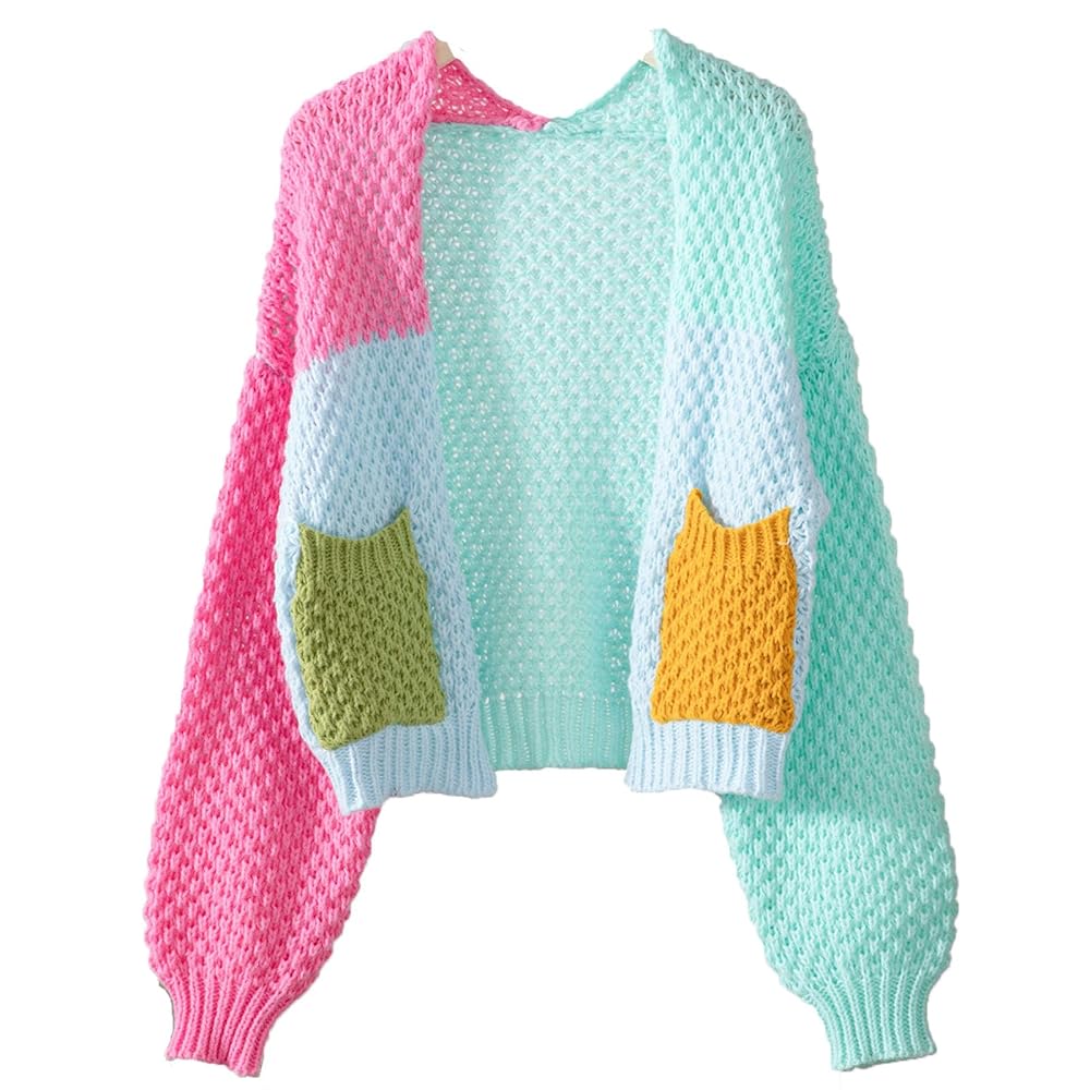 JASCLS Women's Color Block Open Front Long Sleeve Ribbed