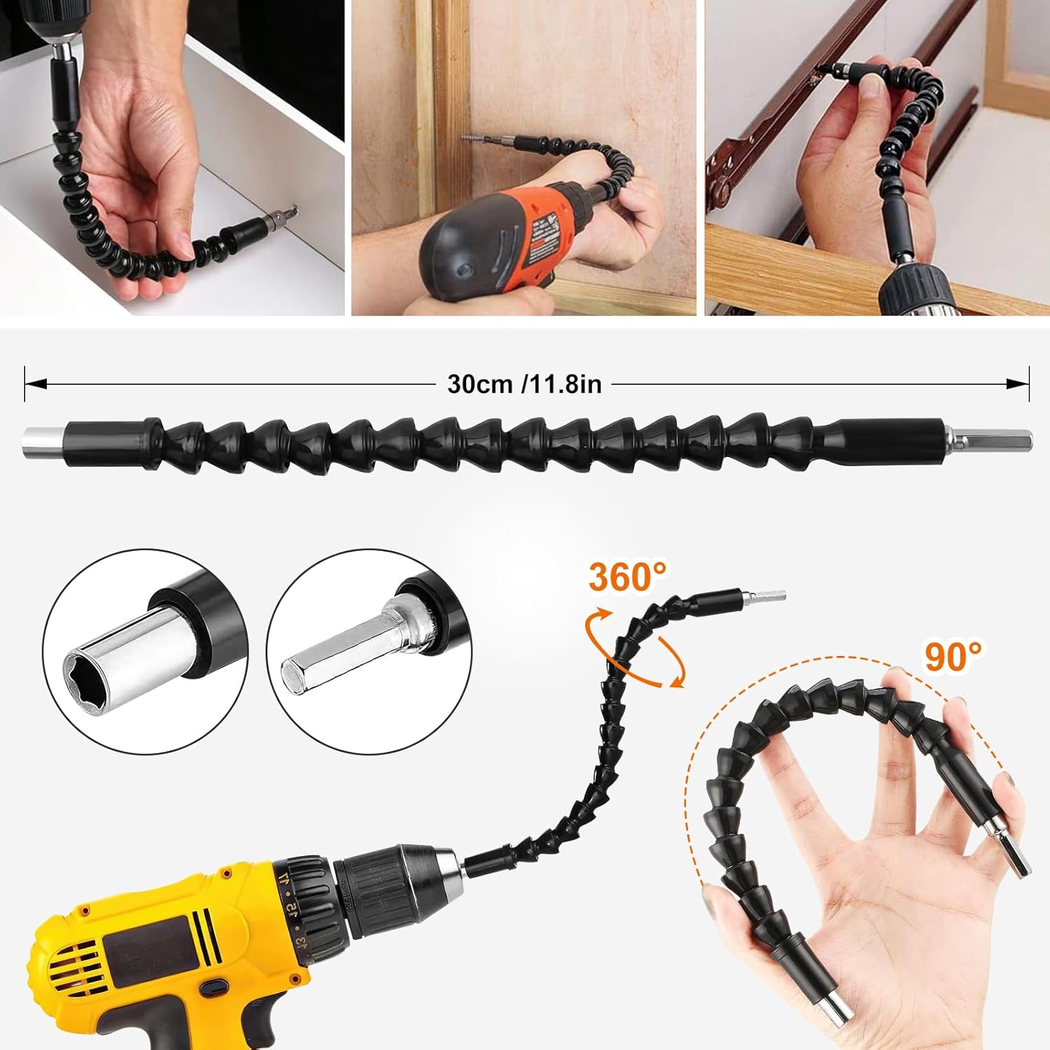 Flexible Drill Bit Extension Set,105° Right Angle Drill Attachment,1/4 3/8 1/2" Hex Shank Impact Driver Socket Adapter Rotatable Socket,Bendable Drill Bit Extension and Screwdriver Bit Kit