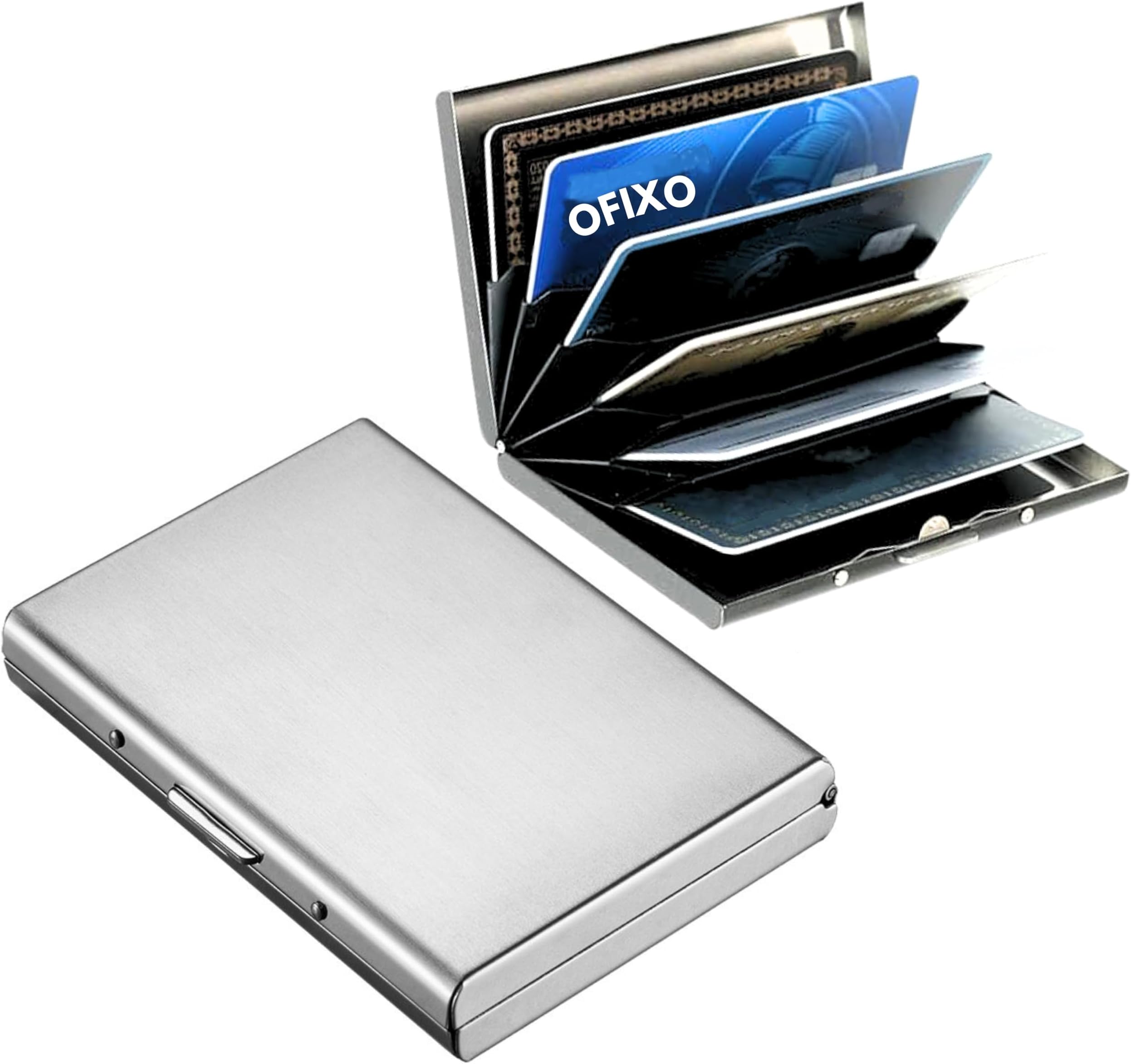 OFIXO 6 Slots Credit Card Holder RFID Protected Stainless Steel Credit Card Wallet Slim Metal Credit Card Case for Men and Women (Matt-Silver)