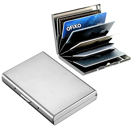 OFIXO 6 Slots Credit Card Holder RFID Protected Stainless Steel Credit Card Wallet Slim Metal Credit Card Case for Men and Women (Matt-Silver)