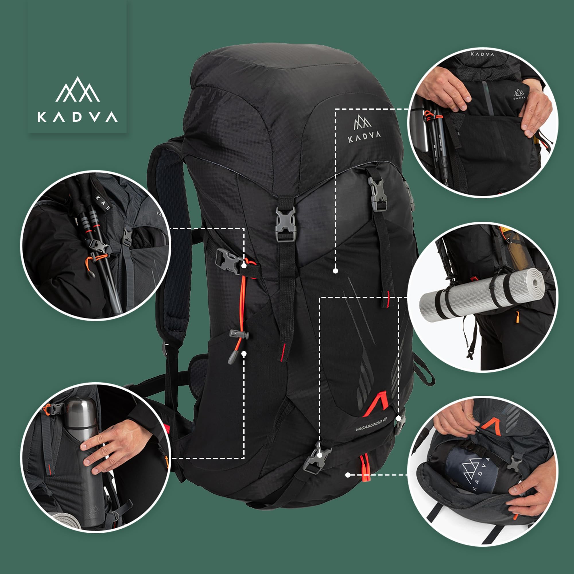 KADVA Vagabundo Mochila de trekking de 40 l, sistema de transporte Windspire Pro, material hidrófobo, funda para lluvia, correas exteriores.