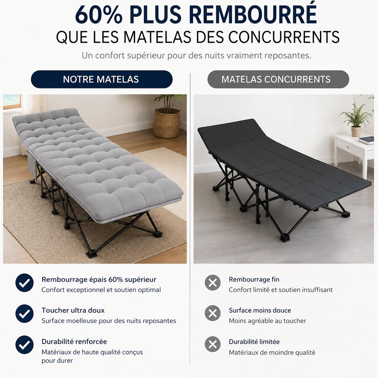 LPVS Lit de Camp Pliable 1 Personne - Pliant Robuste et Matelas avec 60% de Coton en Plus - Lit d’Appoint pour Camping, Bureau, Voyage - Charge 200 kg - Facile à Déplier