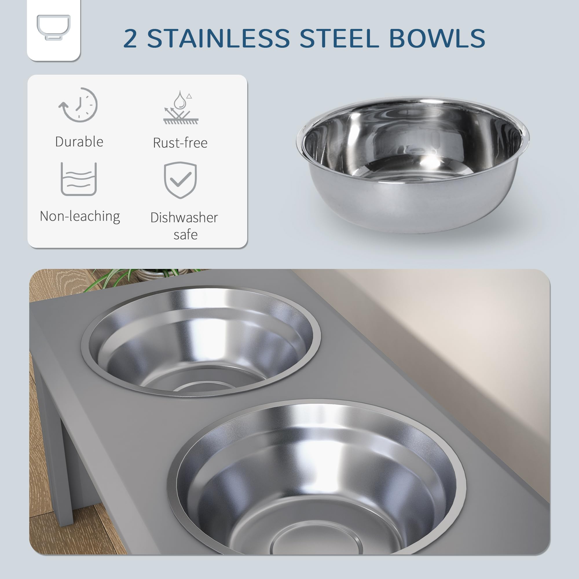 PawHut Cuencos elevados de acero inoxidable para perros con soporte para perros extra pequeños y pequeños, cuencos elevados para mascotas, alimentador de agua y alimentos, 58 x 31 x 25 cm, color gris