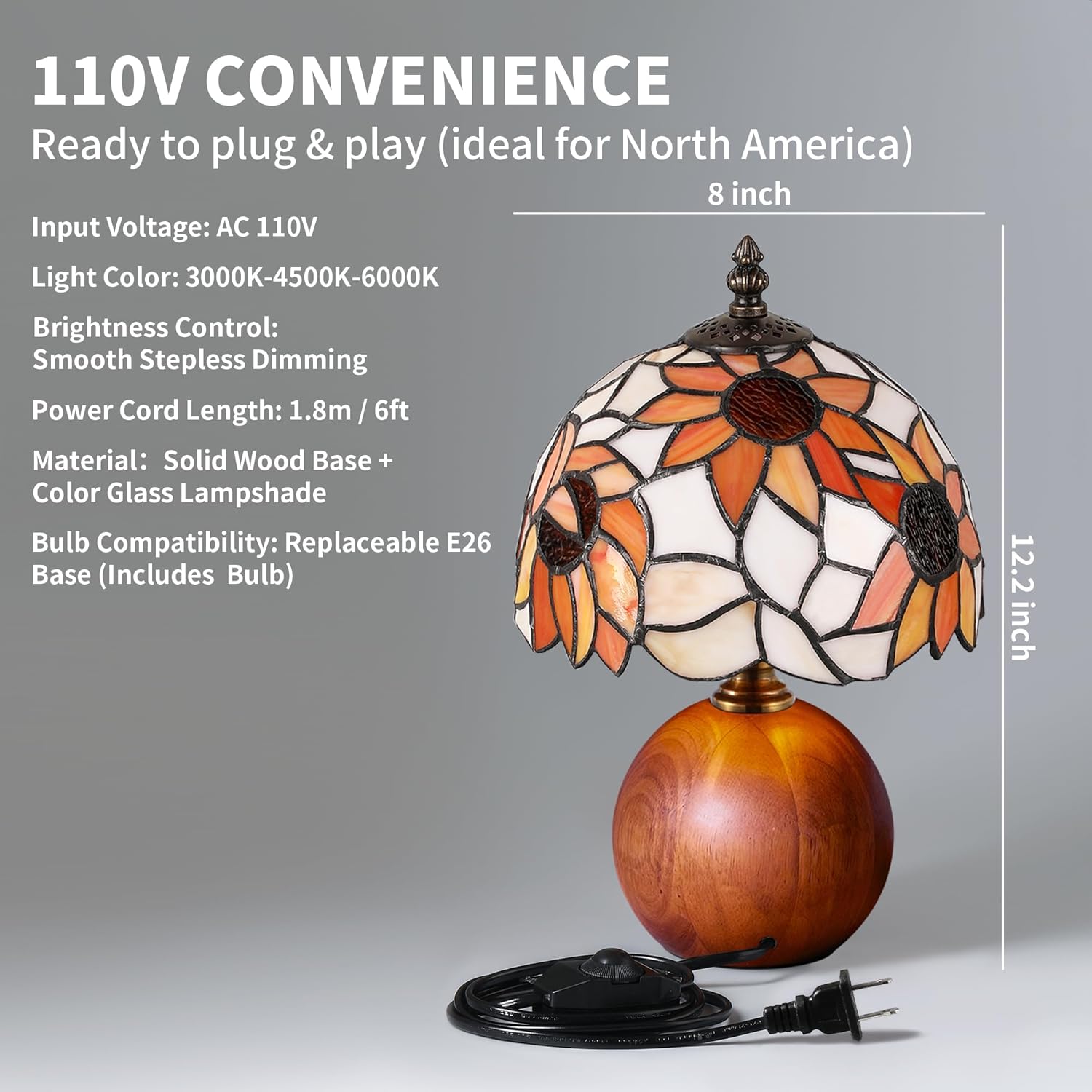 12.2" Tiffany Style Lamp, Handcrafted Stained Glass Sunflower Table Lamp with Spherical Solid Wood Base, 3-Color Dimmable Bedside Lamp for Nightstand & Bedroom, Vintage Aesthetic Accent Light