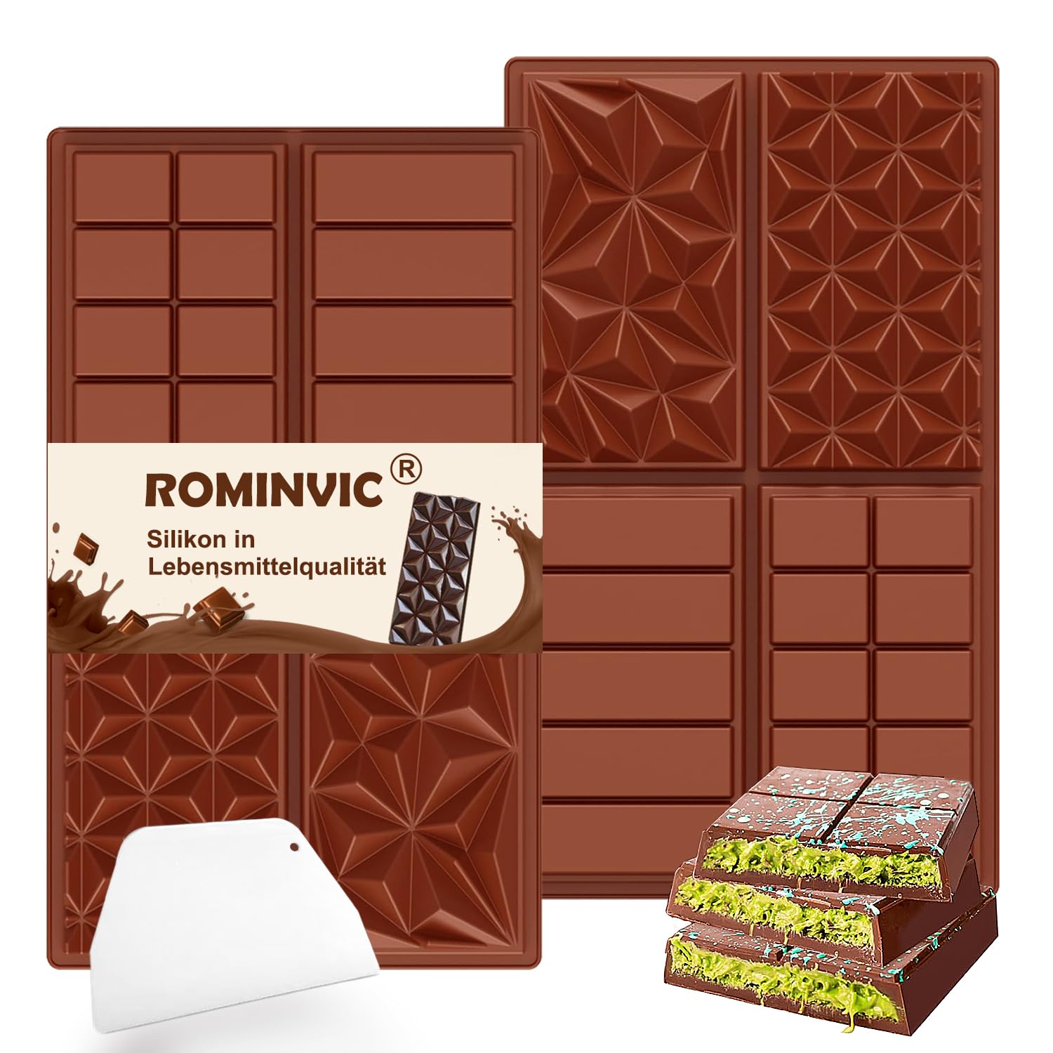 ROMANVIC Schokoladenform Silikon Tief,4 in 1 Dubai Schokolade Form,2 Stück Silikonform und Spachtel,Schokoladentafel Tiefe Schokoladenform,Extra Tief Schokolade Form für Schokolade Praline Süßigkeiten