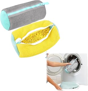 Juego de 2 bolsas de lavado de zapatos, color gris y amarillo, 39 cm, protección de lavadora para zapatillas y zapatillas deportivas, diseño de cremallera, Gris y amarillo con detalles turquesas, 1