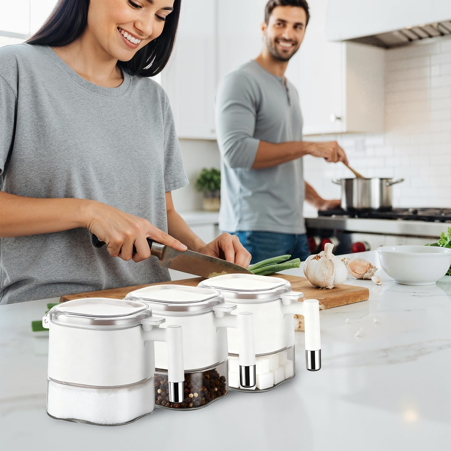 Airtight Glass Spice Jars with Lids, 16 oz- One-Touch Open & Leakproof Containers for Salt, Sugar, Dry Goods, Moisture-Proof Kitchen Storage