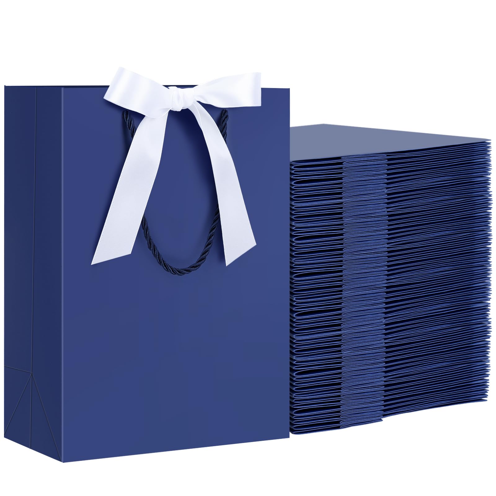 EUSOAR Bolsas Regalo con Cinta Azul Oscuro - 50 Unidades Bolsas de Papel con Asa - 20x10x28cm M Mediana 230GSM Gift Bags - Bolsitas de Regalo con Lazo para Fiesta Cumpleaños