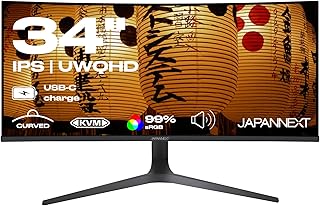JAPANNEXT Monitor Monitor Ultrawide Curvo 34″ IPS UWQHD (3440×1440) | HDR & KVM | Carga a través de USB-C (65W) Altura ajustable Altavoces integrados | Garantía 2 años | JN-IPSC34UWQHDR-C65W-H