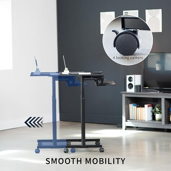 VIVO Mobile Height Adjustable Table, Stand Up Desk Cart with Sliding Keyboard Tray, Computer Workstation, Rolling Presentation Cart, Black, CART-V06A | Height Adjustable, Stand Up Desk, Sliding Keyboard Tray, Computer Workstation, Rolling Presentation Cart, Holds 33 lbs