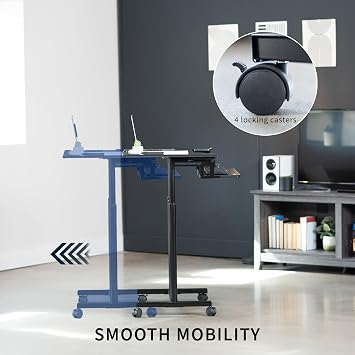 VIVO Mobile Height Adjustable Table, Stand Up Desk Cart with Sliding Keyboard Tray, Computer Workstation, Rolling Presentation Cart, Black, CART-V06A | Height Adjustable, Stand Up Desk, Sliding Keyboard Tray, Computer Workstation, Rolling Presentation Cart, Holds 33 lbs