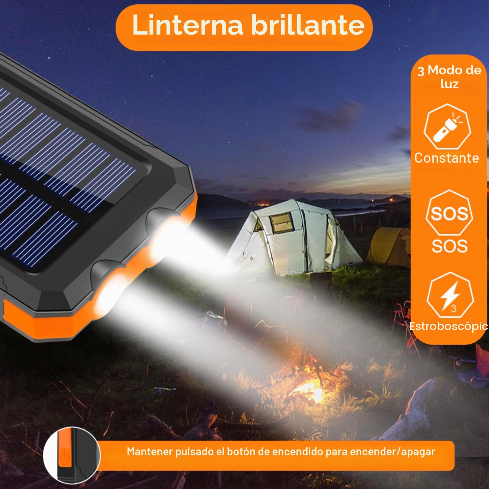 Power Bank Solar 20000mAh – Cargador Portátil 3 en 1 Impermeable y Resistente – Carga Rápida USB y USB-C con Linterna – Batería Externa para iPhone, Samsung – Camping, Outdoor y Emergencias