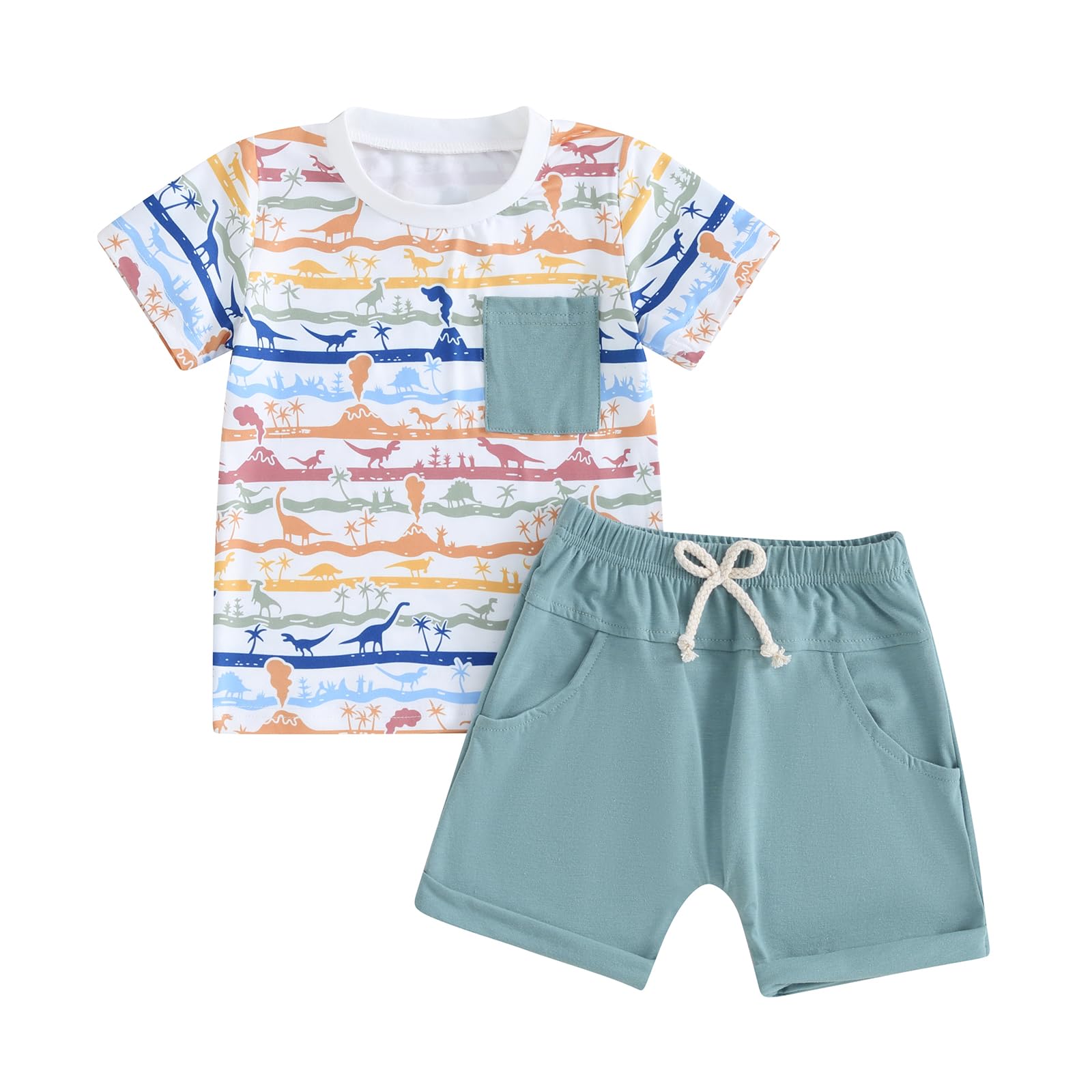 Thorn TreeToddler Baby Boys Clothes Set Dinosaur T-Shirt Pull On Top Solid Shorts White Pocket 2Pcs Summer Outfits