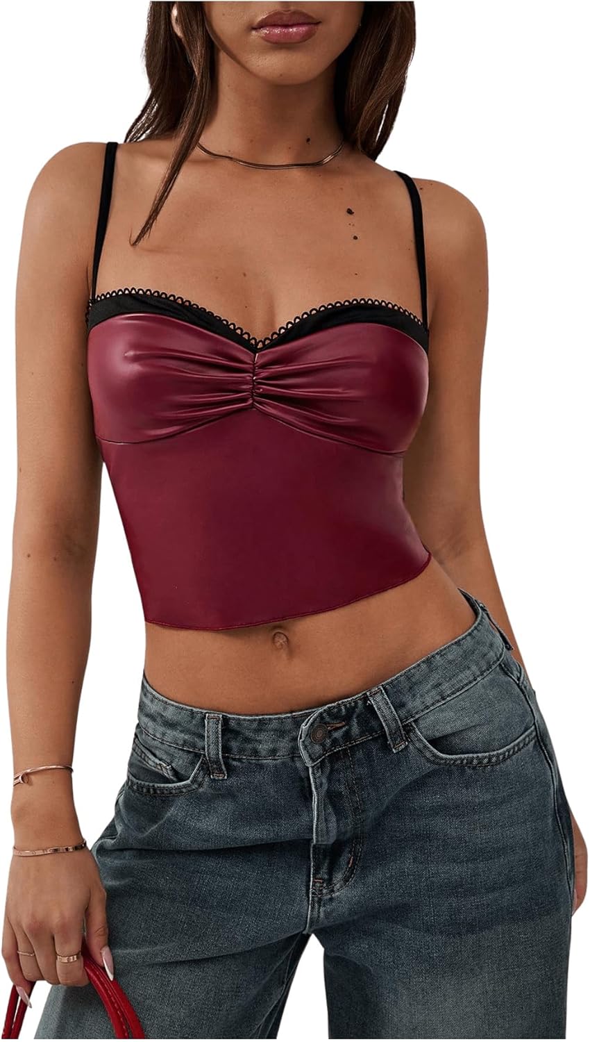 Milumia Women's Pu Leather Ruched Bust Cami Top Sexy Sweetheart Neck Crop Corset Tops