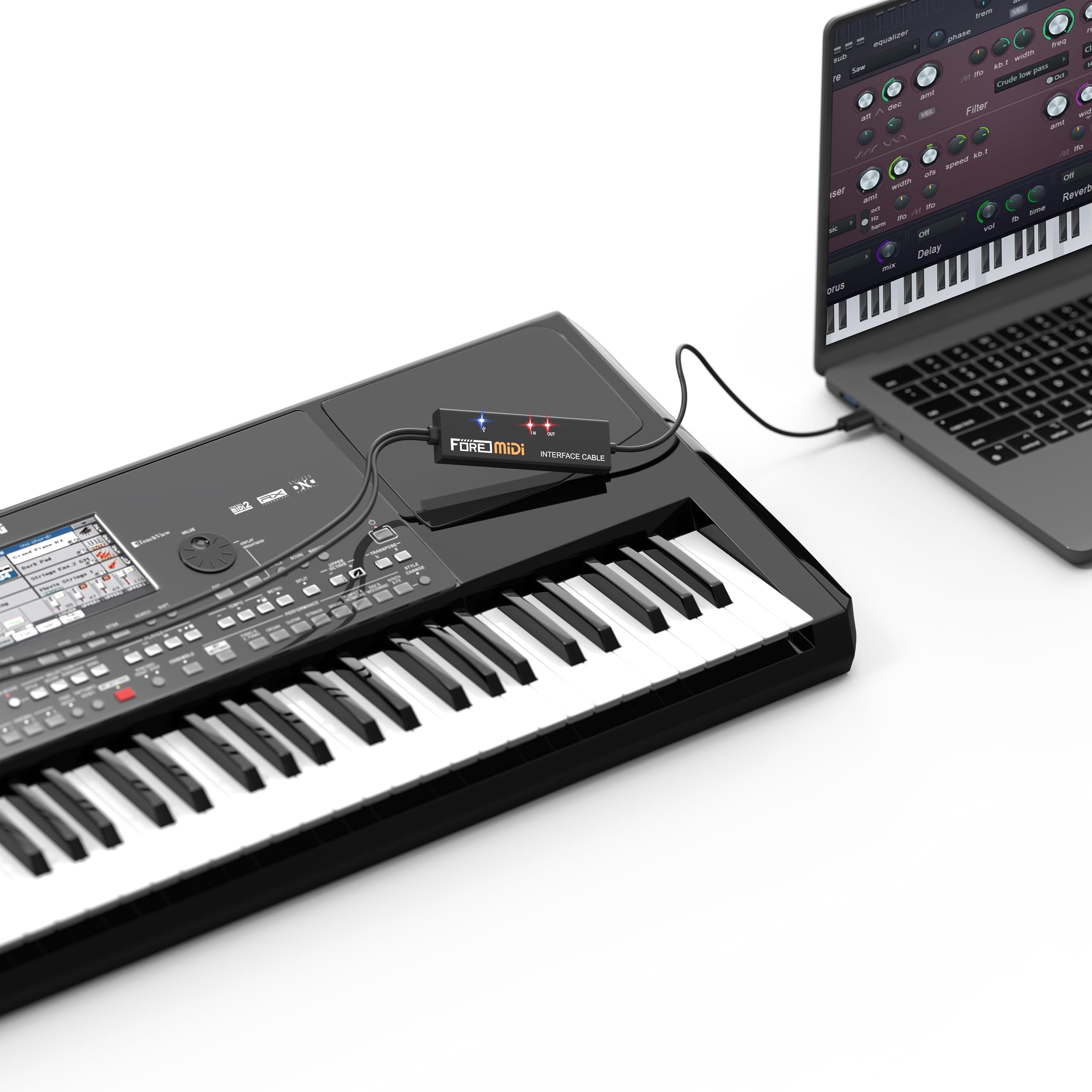 FORE Interfaz MIDI a USB compatible con cable MIDI USB tipo C con entrada y salida, funciona con teclado MIDI/sintetizador/MIDI Deivce compatible con iOS y Android, Windows/Mac OS negro y naranja, 6.5