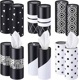 Outus 12 Pcs Car Tissues Cylinder Holder with 3 Ply Facial Tissue Bulk Black White Round Tissue Holder Travel Tissues Boxes Container for Car Cup Wedding Birthday Party(Geometric)