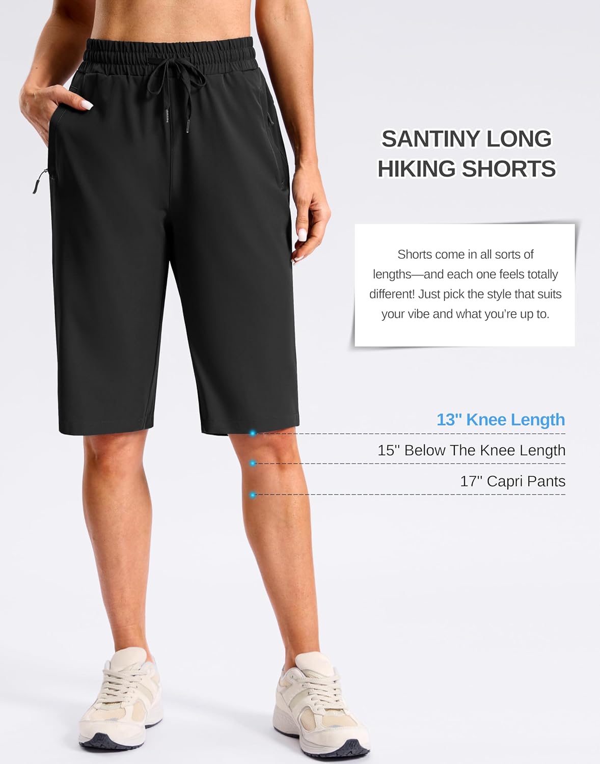 SANTINY Women's 13''/ 15"/ 17'' Long Hiking Shorts with Zipper Pockets Lightweight Quick Dry Below The Knee Capris for Women