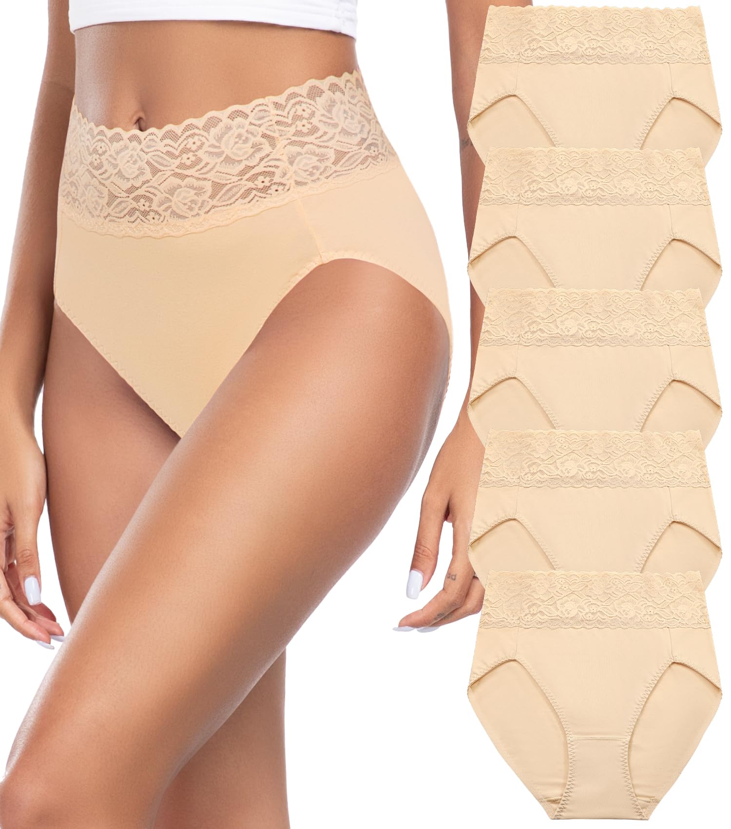 Wealurre Unterhosen Damen, Unterwäsche Frauen Baumwolle Hohe Taille Slip Damen Unterwäsche Spitze 5er Pack