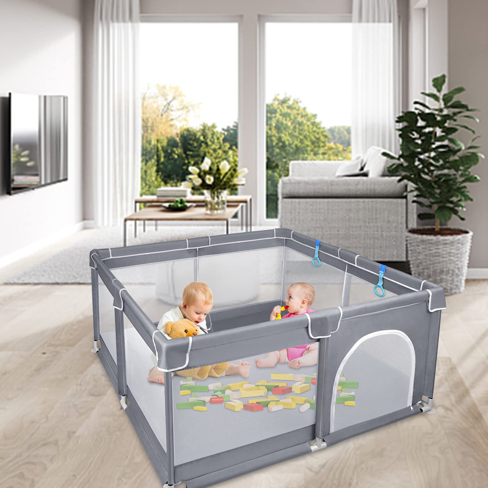 Aufun Parque de juegos para bebés, barrera de seguridad, para niños, gris oscuro (127 x 127 x 68 cm)