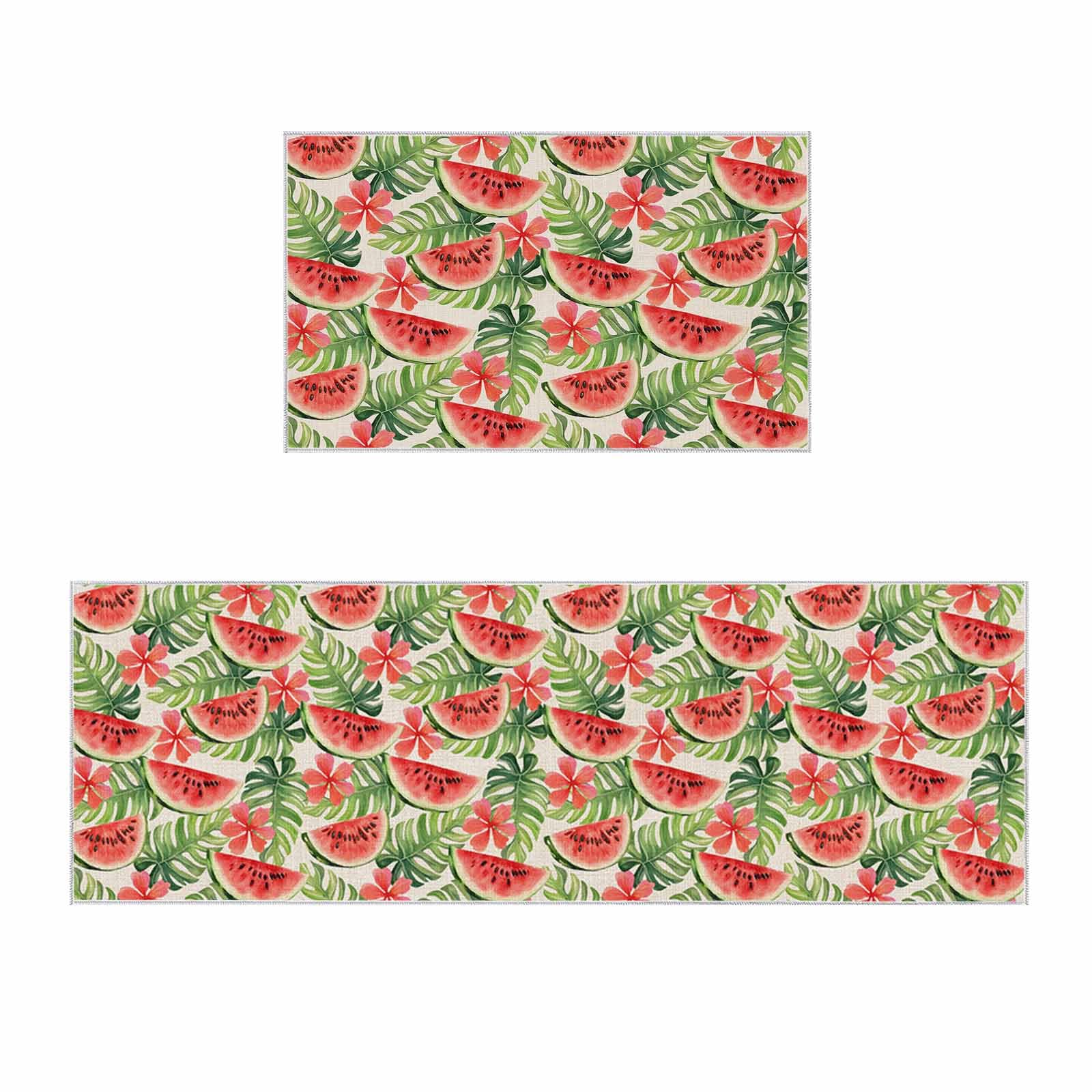 2 Pieces Kitchen Rugs and Mats,Watermelon Tropical Leaf Flower Area Runner Rug Set Non Slip Floor Doormat Washable Carpet Standing Mat for Kitchen Sink Indoor Corridor,Summer Fruit Plant on Linen