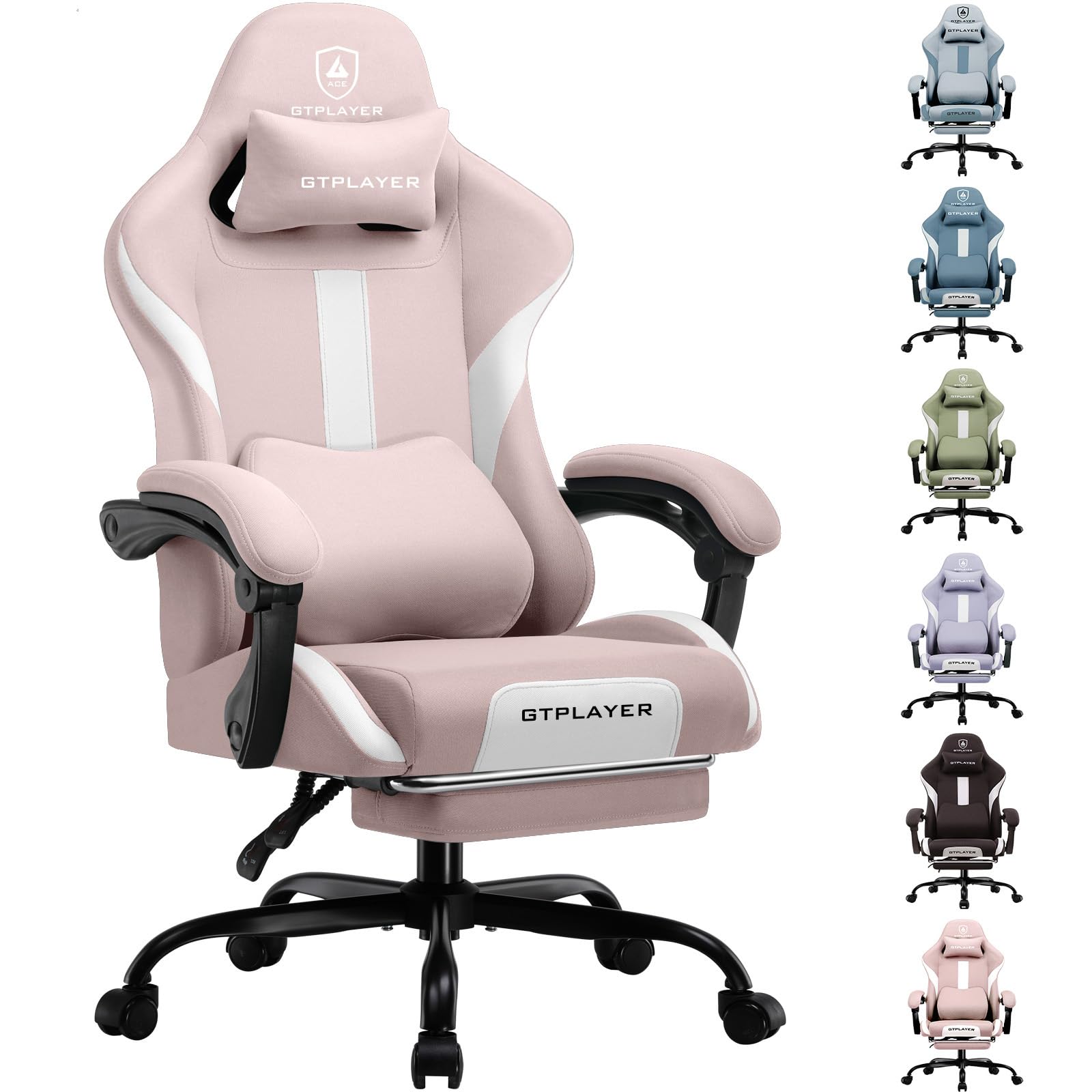 GTPLAYER Fabric Gaming Chair, Ergonomic Computer Chair with Footrest Lumbar Support Heavy Duty High Back Adjustable Height Svivel Office Desk Chairs (Pink)