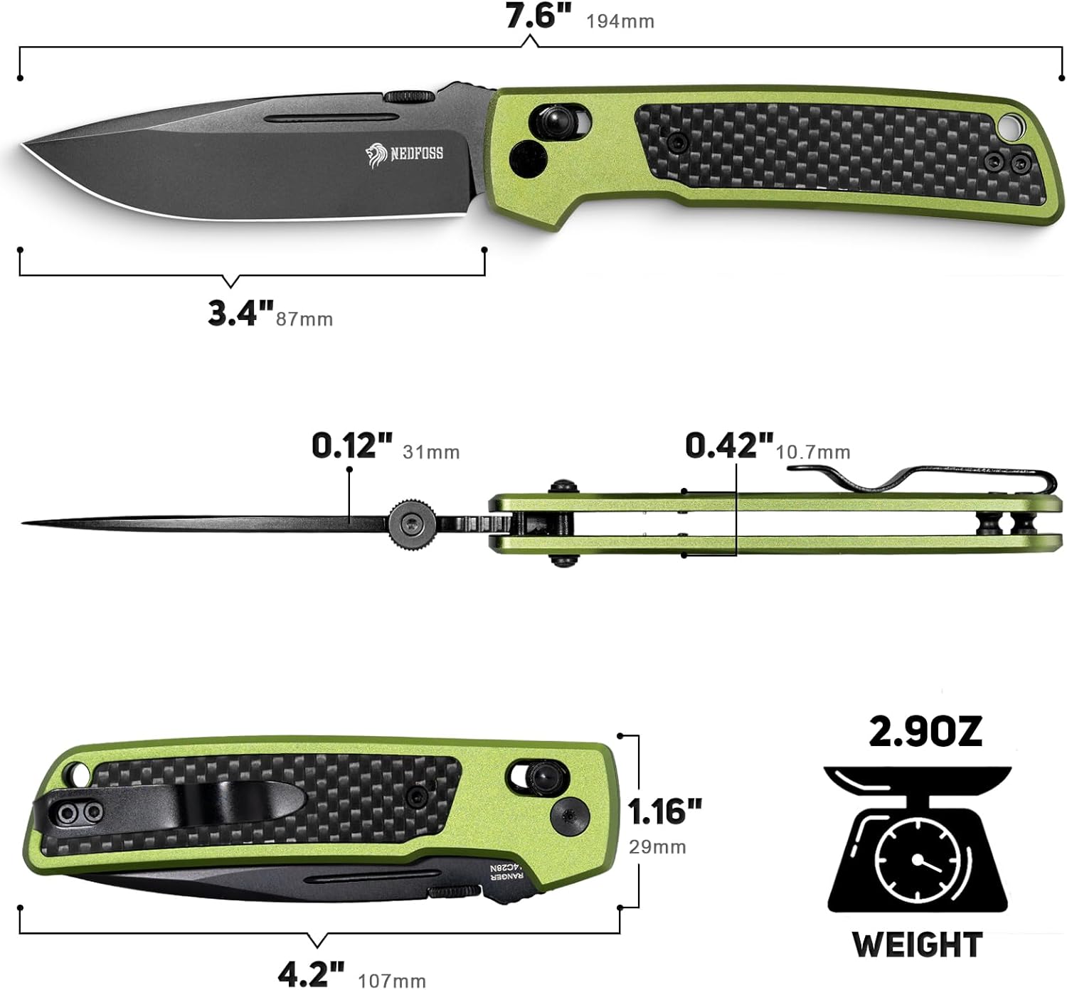 NedFoss RANGER Folding Pocket Knife for Men, 3.4" 14C28N Steel EDC Knife, Lightweight Aviation Aluminum Handle with Carbon Fiber Inlay, Axis Lock, Thumb Stud, Reversible Deep Pocket Clip, Cool Knife for Tactical, Hunting, Camping