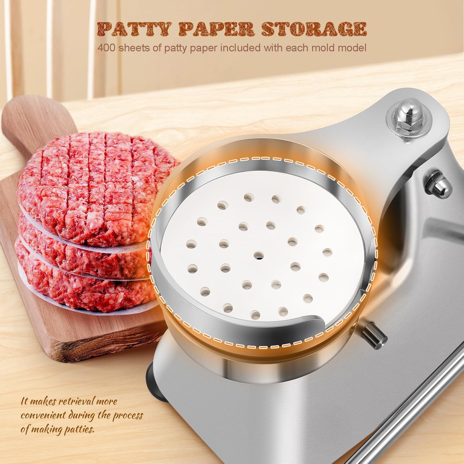 Burger Patty Maker, robuste Edelstahl-Schüsselpresse für 4-6 Zoll Hamburger Patties, inklusive 1200 Patty Papers für perfekte Fleischformung