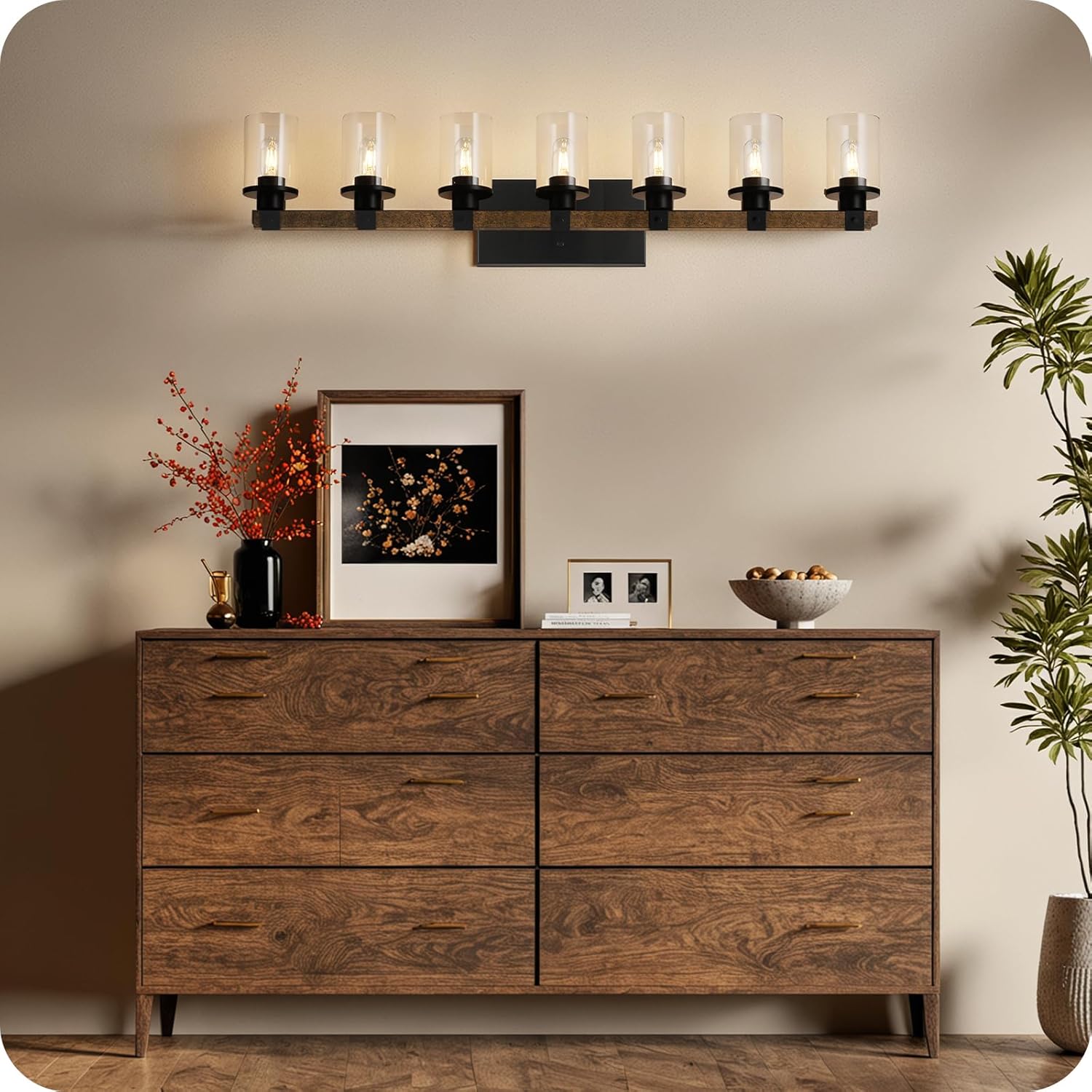 7-Light Bathroom Light Fixture, Farmhouse Vanity Lights for Bathroom with Glass Shade, Rustic Bathroom Light Fixtures, E26 Base F16BD05