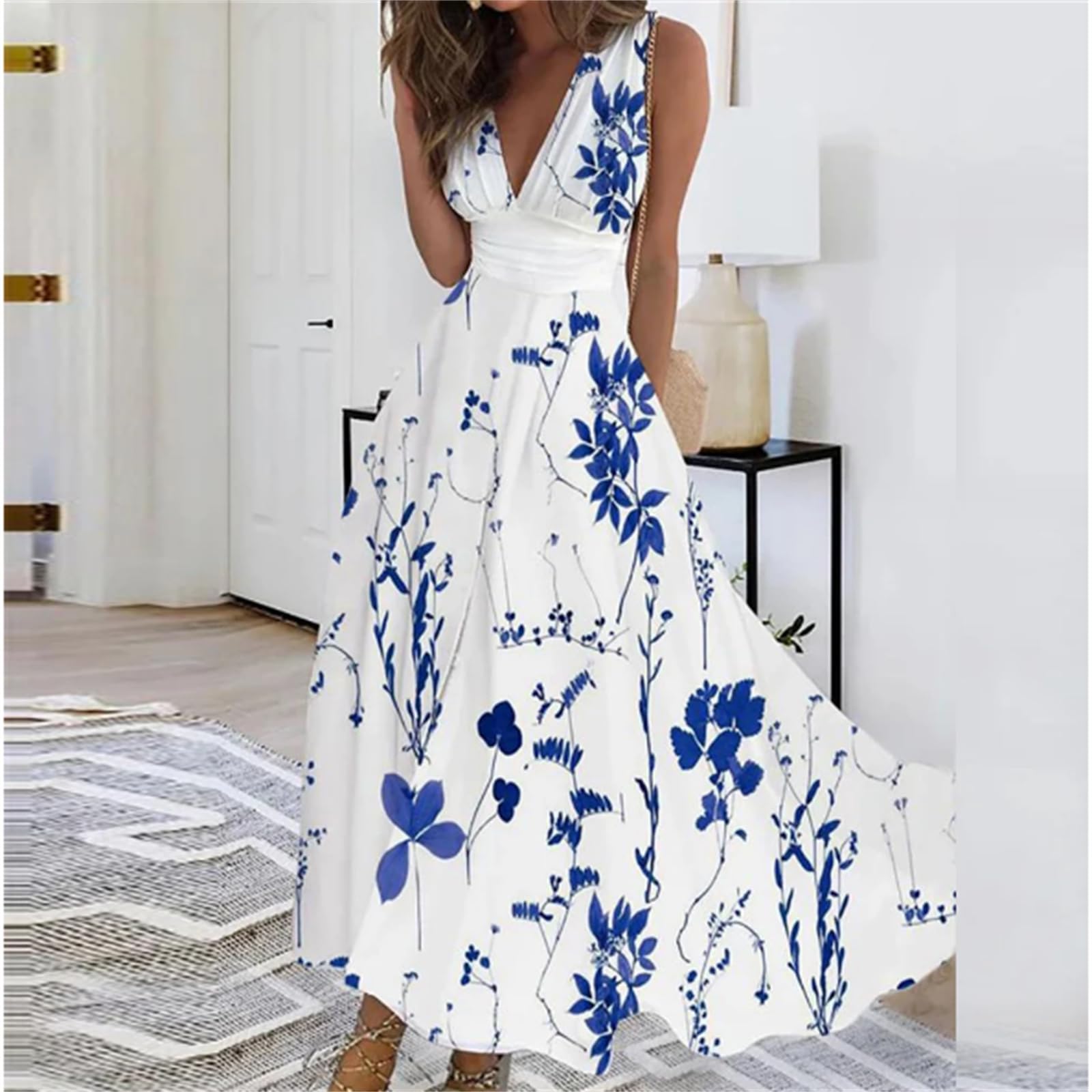 Abito a V Del Partito Swing Delle Donne Boho Floral Beach Dress Vacanze Abiti Estivi Plus Size Abbigliamento, HUTALIM, Verde, l