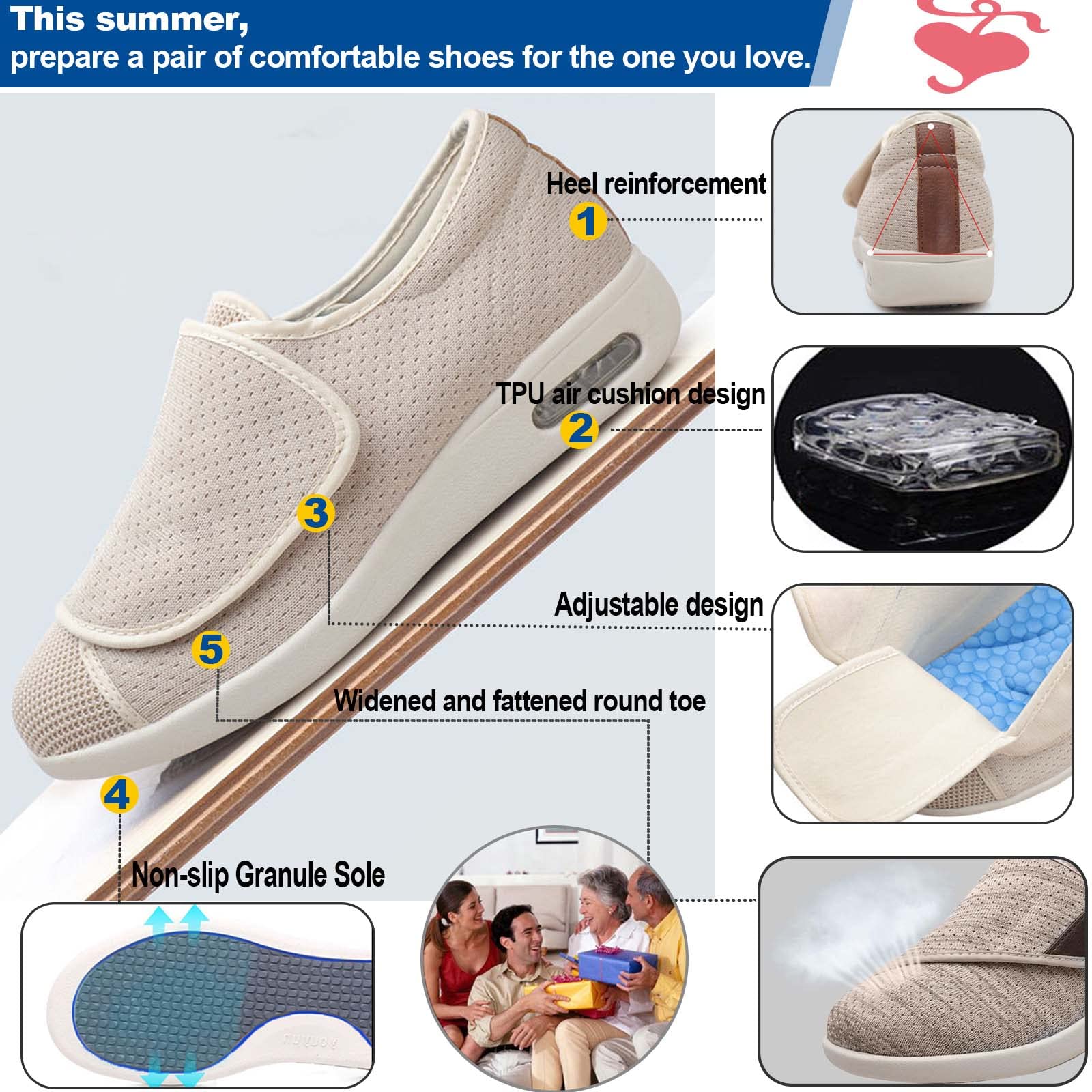 Męskie kapcie dla diabetyków buty do chodzenia, regulowane ultra szerokie buty dla osób starszych