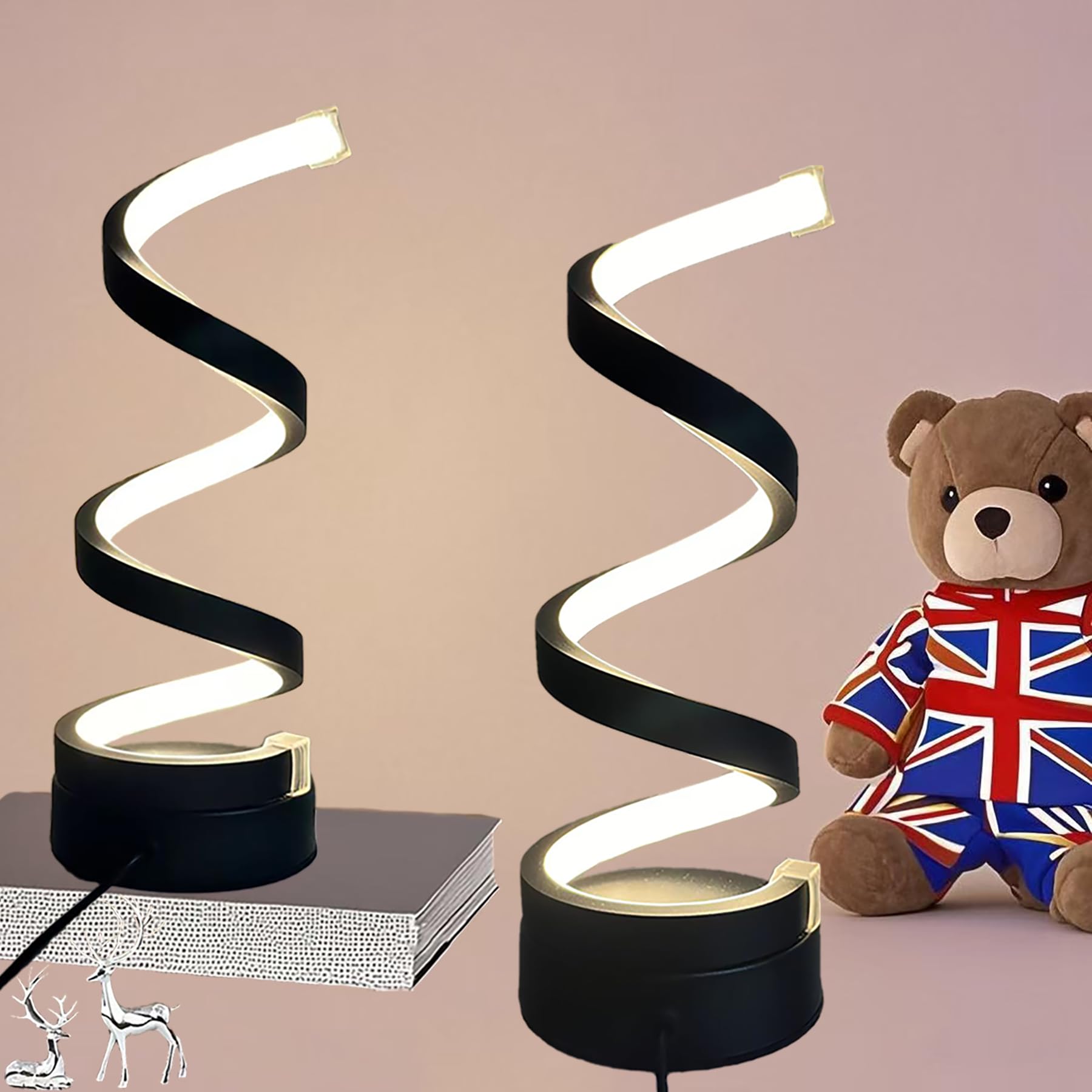 2PCS DecorativeBlack Table Lamp, Miniature Nightstand Lamp, 3 Colors Temperature Dimmable LED Modern Spiral Style for Modern Bedroom, Living Room and Office Lighting and Decoration Curved Art (black) — image 1