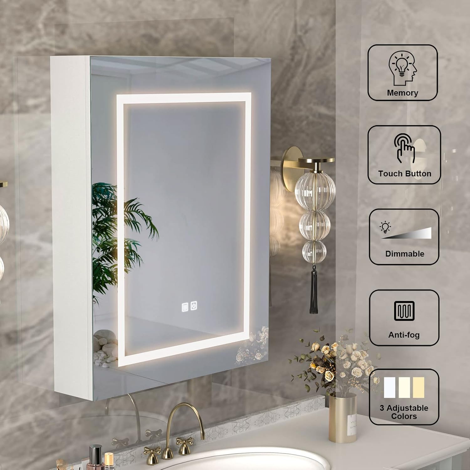 Mepplzian Lighted Medicine Cabinet highlighting features like memory, touch button, dimmable, anti-fog, and 3 adjustable colors