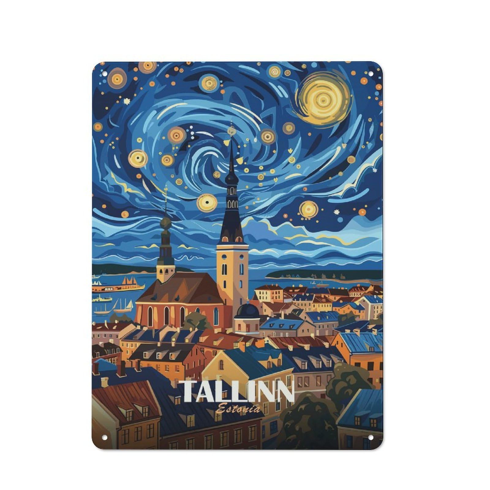 Tallinn, Estonia Cityscape Art Poster Metal Wall Plaque 40x30cm, Character Room Wall Plaque for Hallway, Home Bar, Garage Or Study