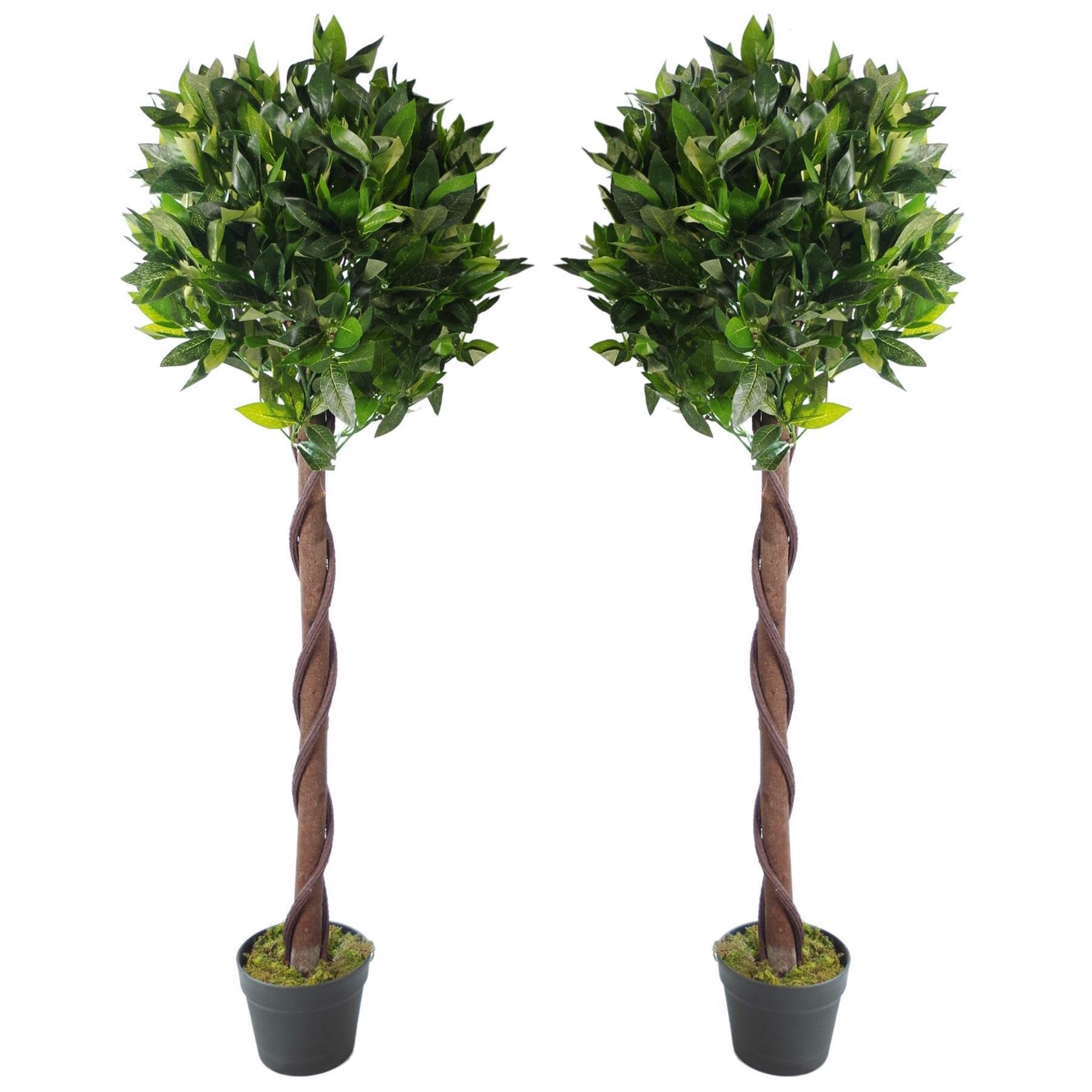 Artificial Topiary Bay Laurel Ball Trees - 120cm (4ft) - Twisted Stem - Pair - Green - Plastic - Leaf Brand