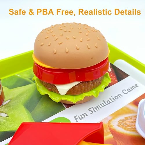 Miniatura 6 de Juego de 30 juguetes de comida rápida para niños con hamburguesas, papas fritas, hot dog, coca, salsa de tomate y bandeja, juego de cocina de