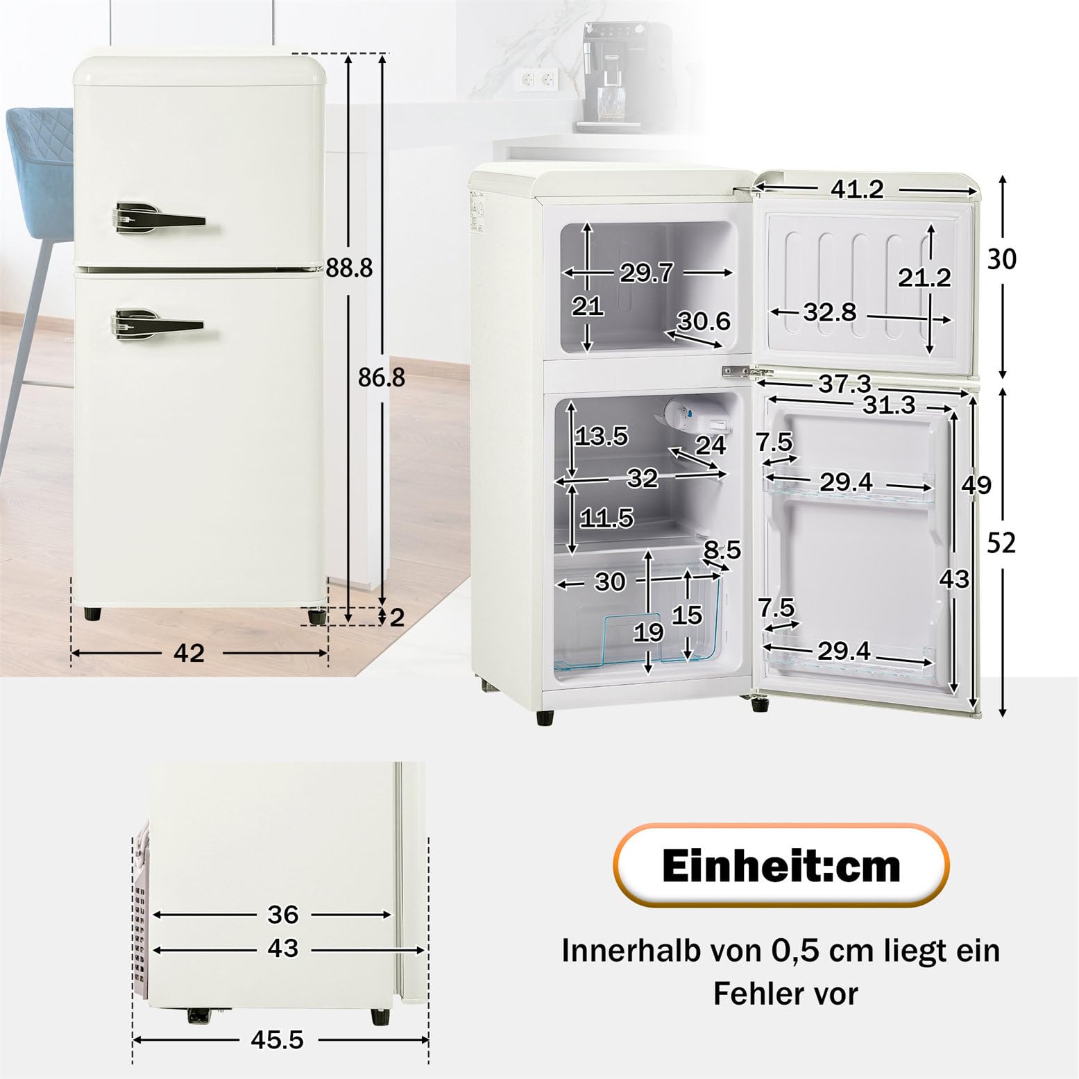 Lodówka Retro Z Zamrażalnikiem O Pojemności Całkowitej 60 L, Zamrażarka 22 L, 2 Szklane Półki, Szuflada Na Warzywa, Tacka Na Jajka, 102 Kwh/Rok, Oświetlenie LED, -27°c-13°c,White