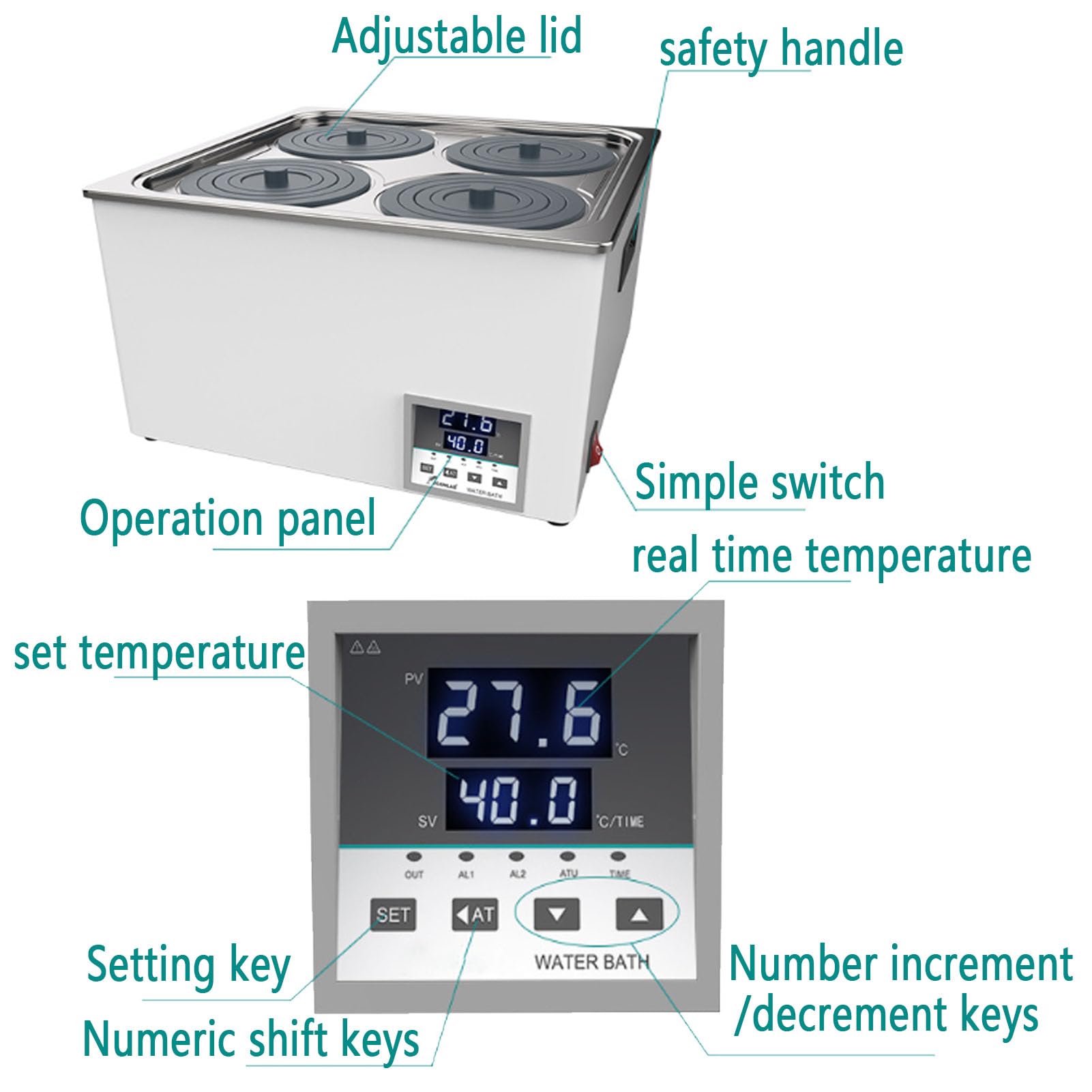 Baño María digital de acero inoxidable, 1-6 pozos, baño de agua termostático con pantalla digital y cubierta protectora para uso en laboratorio, 220 V