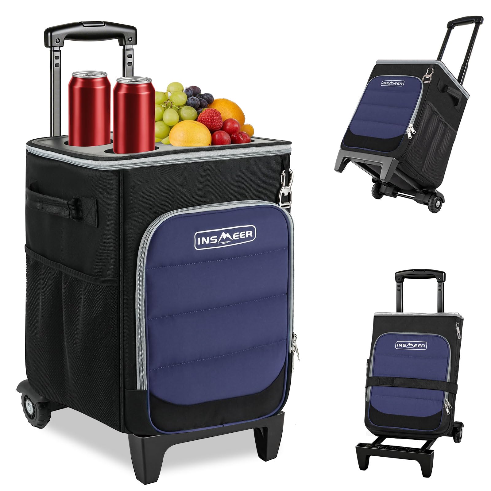 INSMEER 2-in-1 Kühltasche mit Rollen, 40L/60Cans Faltbare Weiche Seitenkühler auf Rädern, Hard Top mit 2 Getränkehaltern, Isolierte 100% Auslaufsichere Rollkühltasche für Picknick, Camping, Outdoor