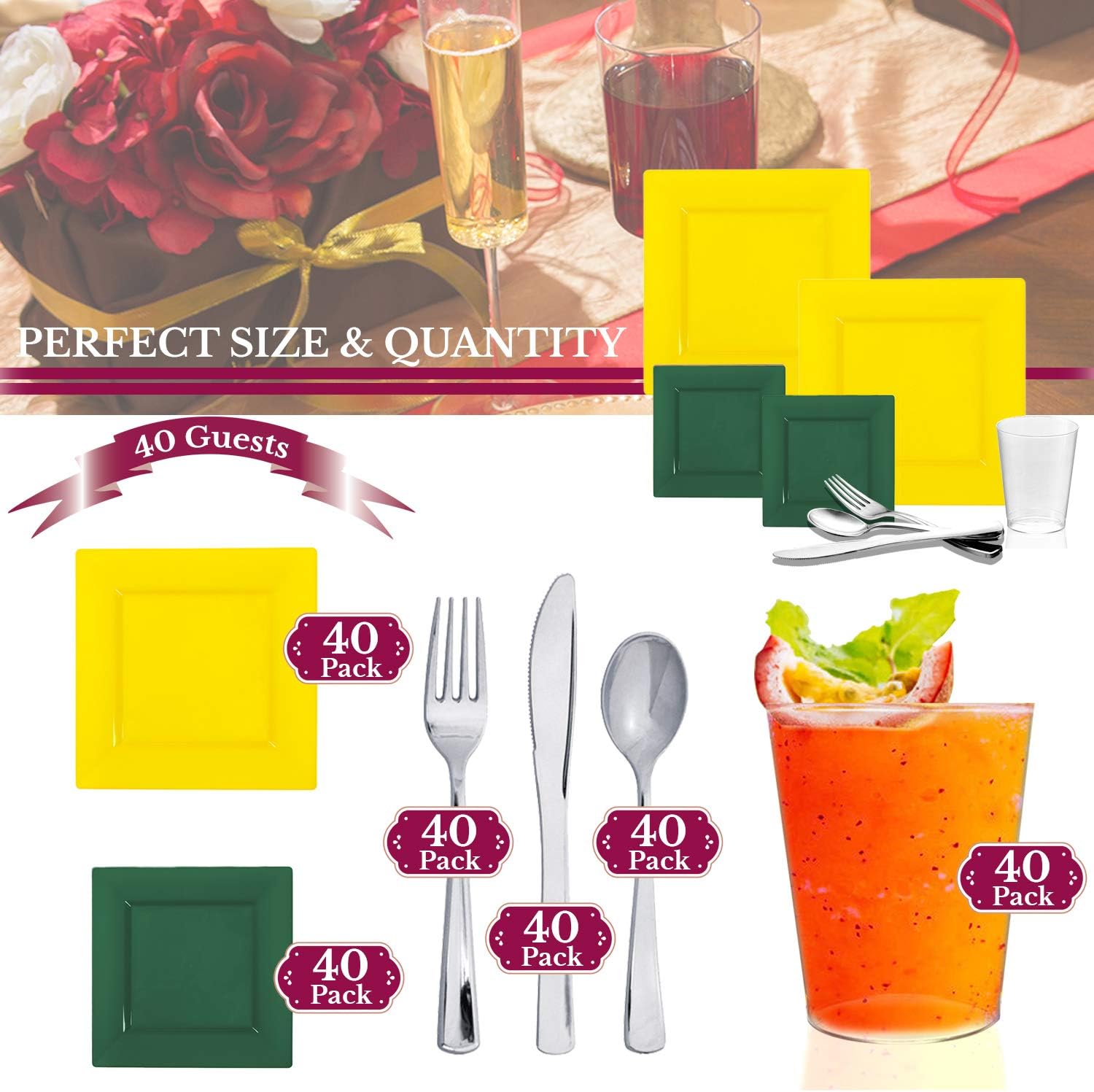 Smarty Had A Party Elegant Disposable Plastic Dinnerware Set, Heavy Duty Plastic Plates (Green and Yellow, Wedding Value Set (40 Guests))